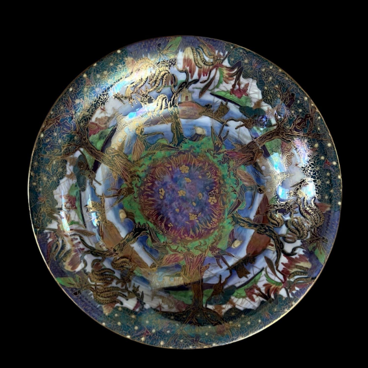 5237

Wedgwood Fairyland Lustre Lilly Tray in the “Jumping Faun” design designed by Daisy Makeig Jones.

Circa 1920

Measures: 27cm wide.