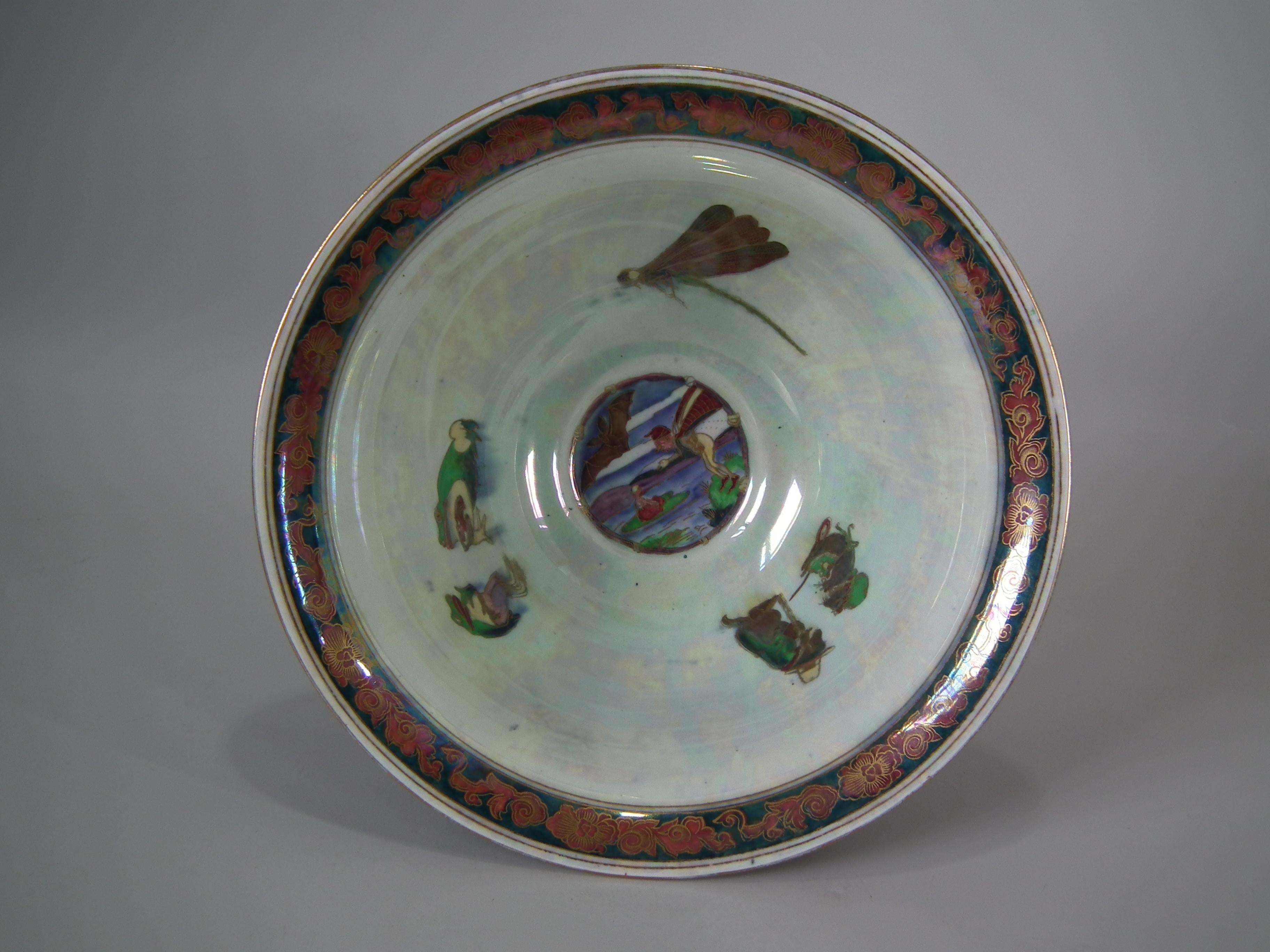 Wedgwood fairyland lustre antique centre bowl, decorated with Firbolgs pattern to exterior, and Thumbelina pattern to interior. Dragon Bead border to rim and foot rim. Maker's marks including printed Portland Vase mark and 'WEGDWOOD ENGLAND', and