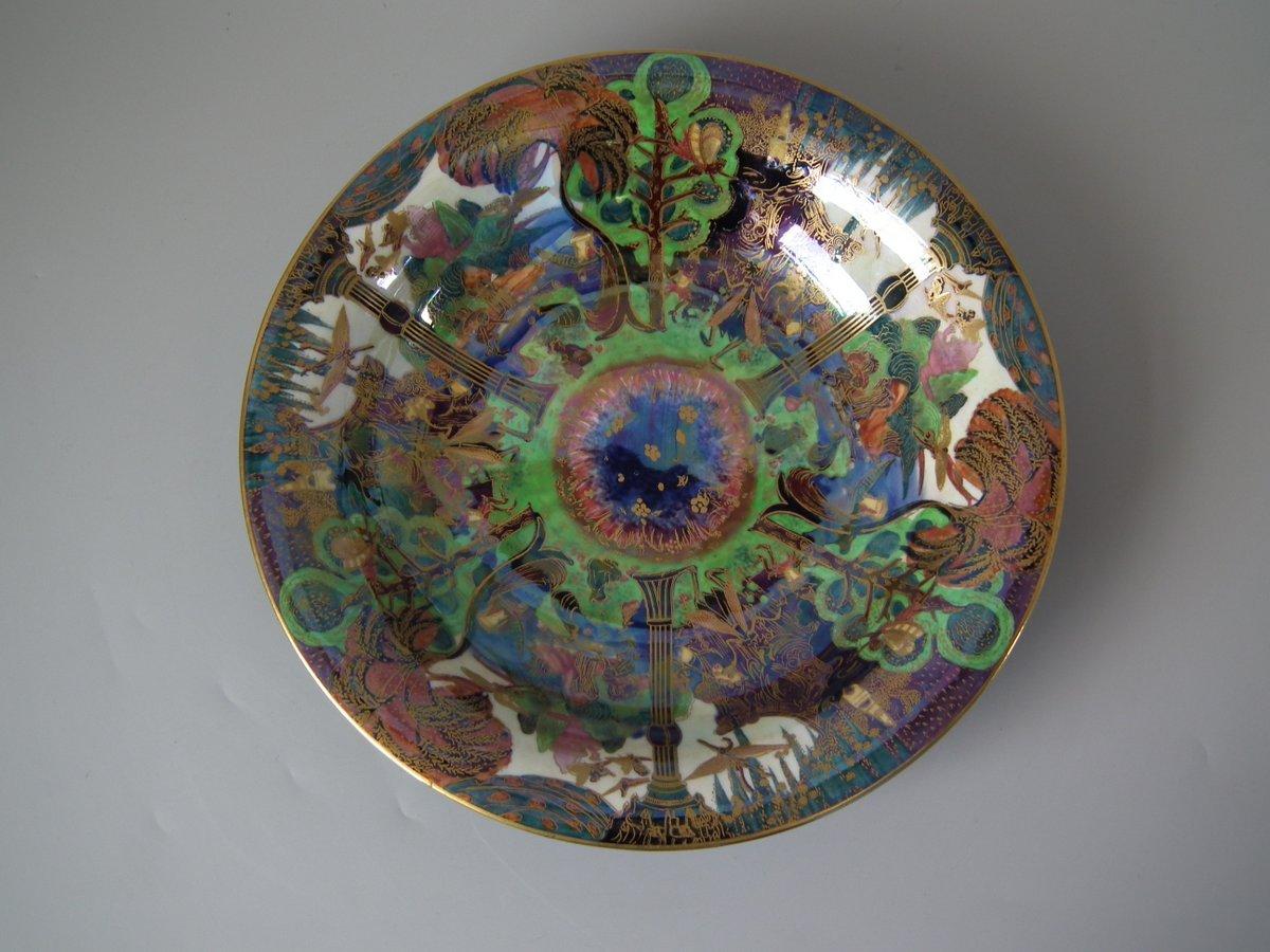 Wedgwood Fairyland Lustre Lily tray, shape number 2483. Decorated with 'Garden of Paradise' pattern to interior, 'Flight of Birds' to exterior. 'Pebble and Grass' border to exterior rim and foot rim. Maker's marks including printed Portland Vase