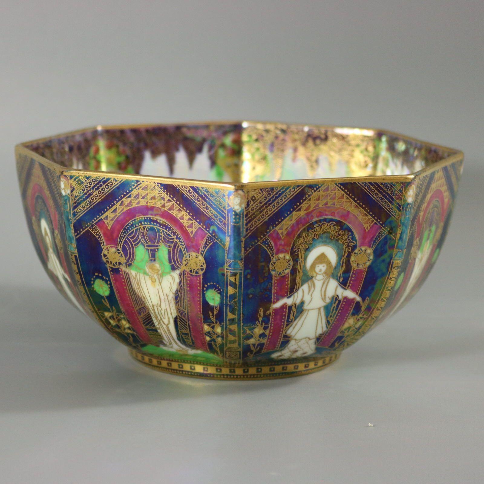 Wedgwood Fairyland Lustre octagonal bowl, decorated with 'Geisha' or 'Angels' design to the exterior. 'Running Figures' pattern to the interior. The foot rim decorated with 'Roseberry bead'. Wedgwood 'Portland Vase' and 'WEDGWOOD MADE IN ENGLAND'