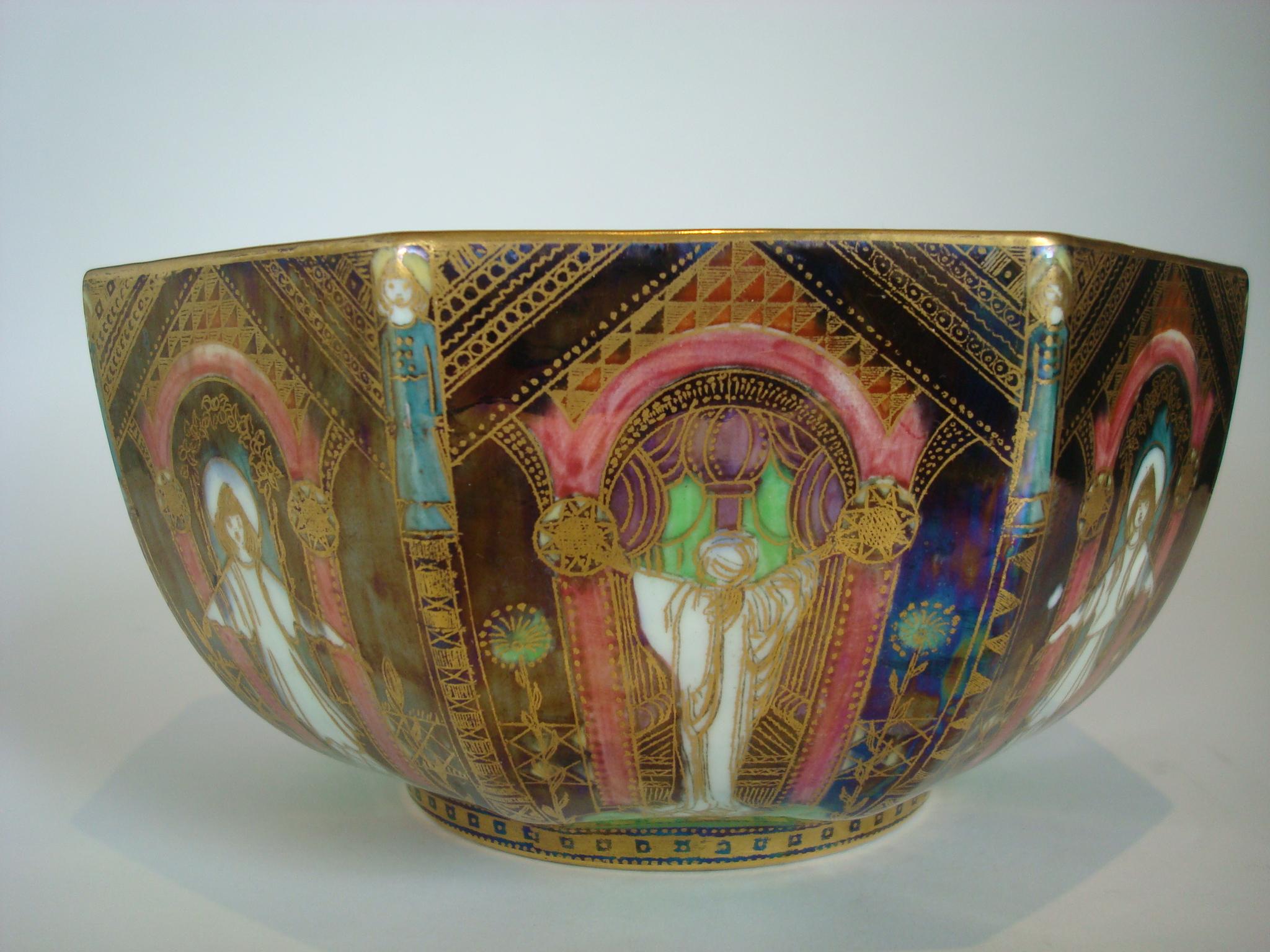 English Wedgwood Fairyland Lustre Octagonal Bowl, Angel or Geisha Design, circa 1925