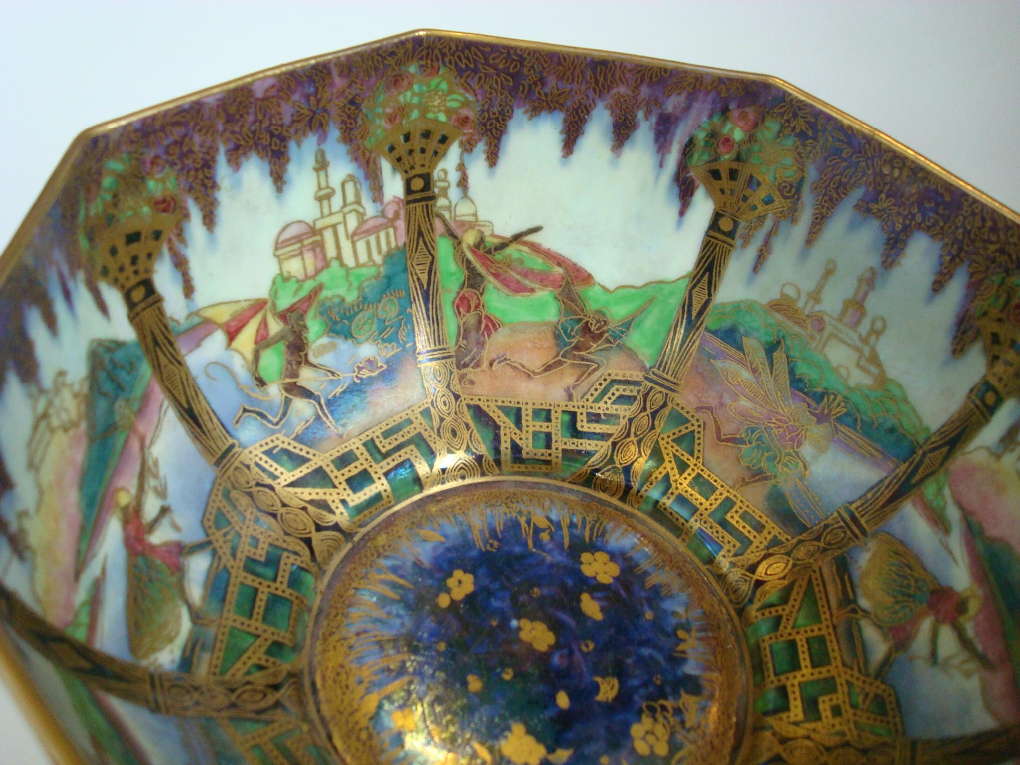 Porcelain Wedgwood Fairyland Lustre Octagonal Bowl, Angel or Geisha Design, circa 1925