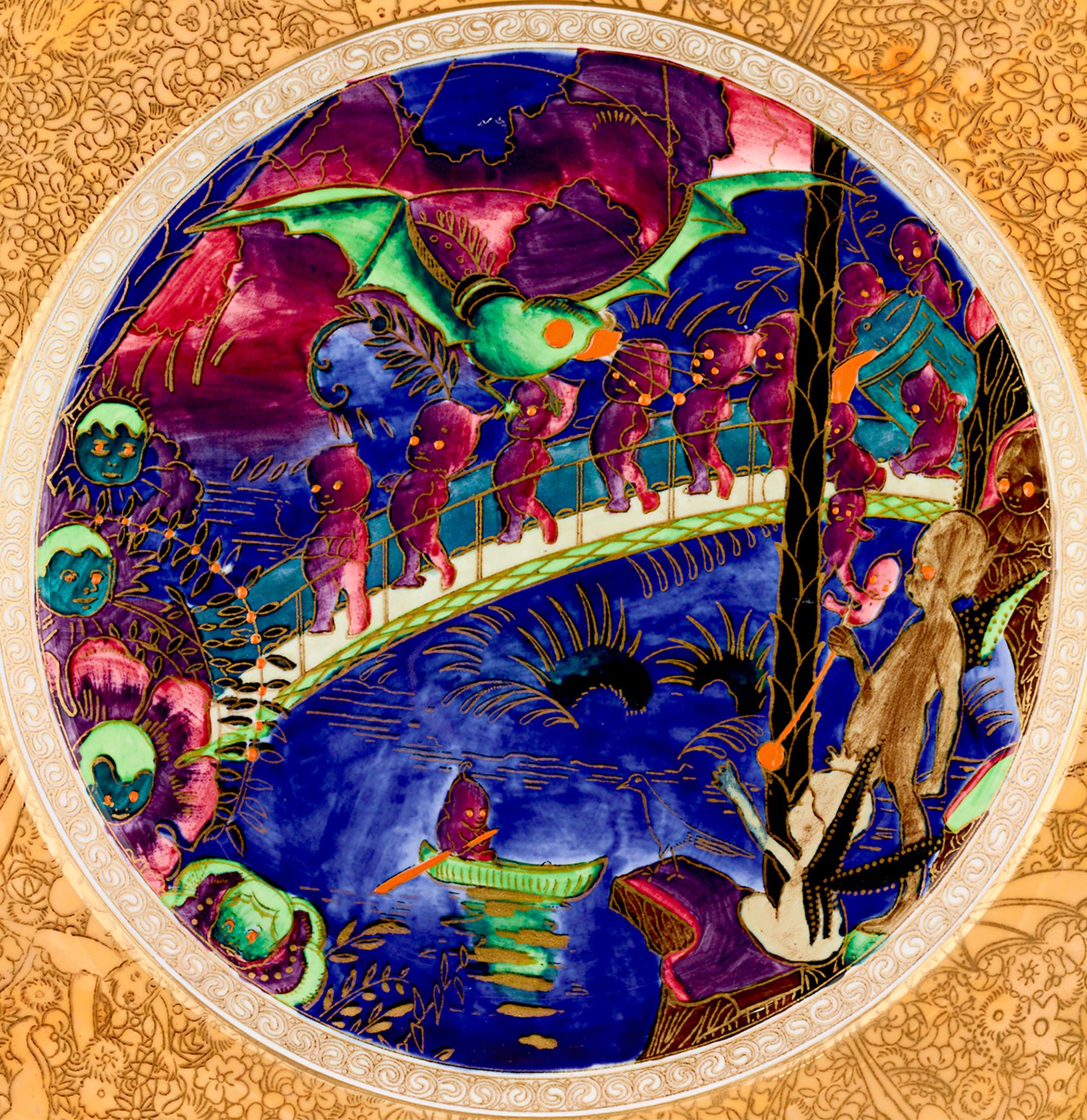 Fairyland Lustre Plate
Wedgwood
Circa 1923

This enchanting Wedgwood Fairyland Lustre plate is decorated in a rare variation of the desirable Imps on a Bridge and Treehouse pattern. Called the Roc Centre variation, this magical scene is populated by