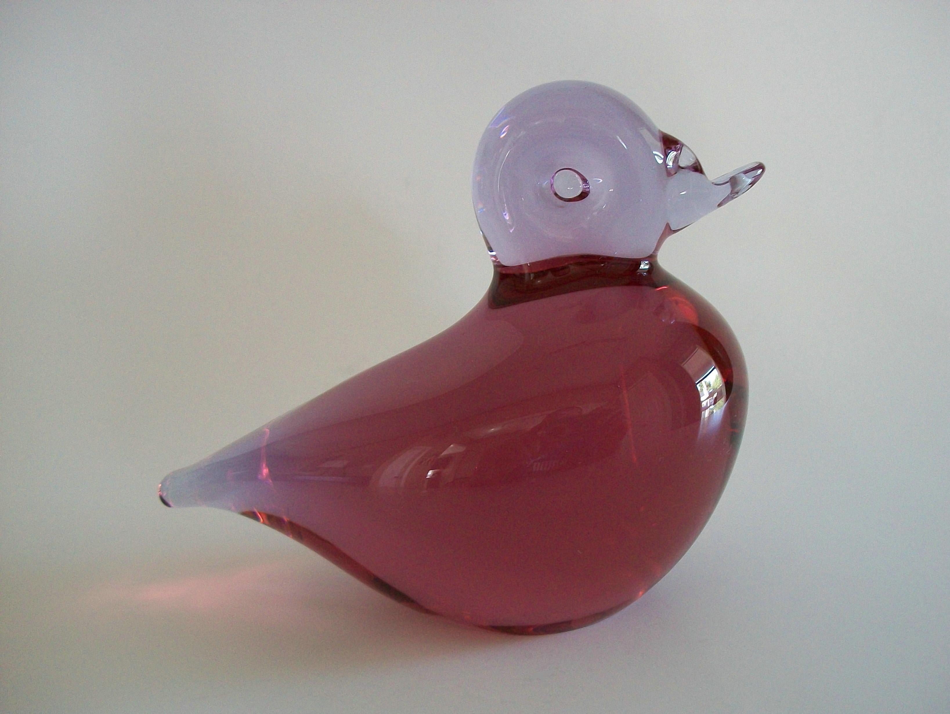 WEDGWOOD GLASS (Manufacturer) - RONALD STENNETT-WILLSON and PAUL MILLER (Designers) - RSW425 (Pattern Number) - Vintage British hand made pink and lavender Ombre glass duck paperweight - featuring a flat crimped beak and eyes with a pulled tail -