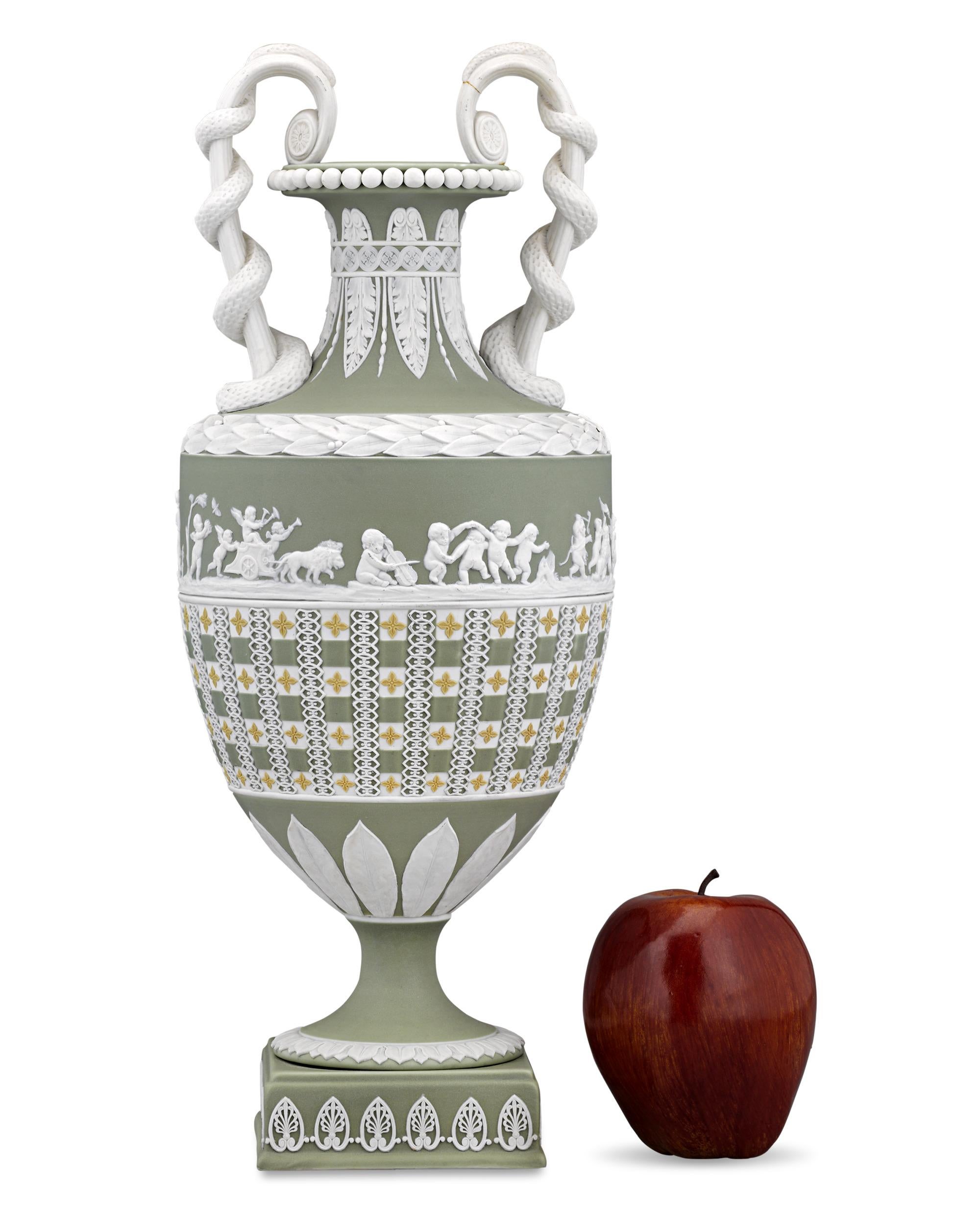 Neoclassical Wedgwood Green Dip Tricolor Snake Handled Vase For Sale