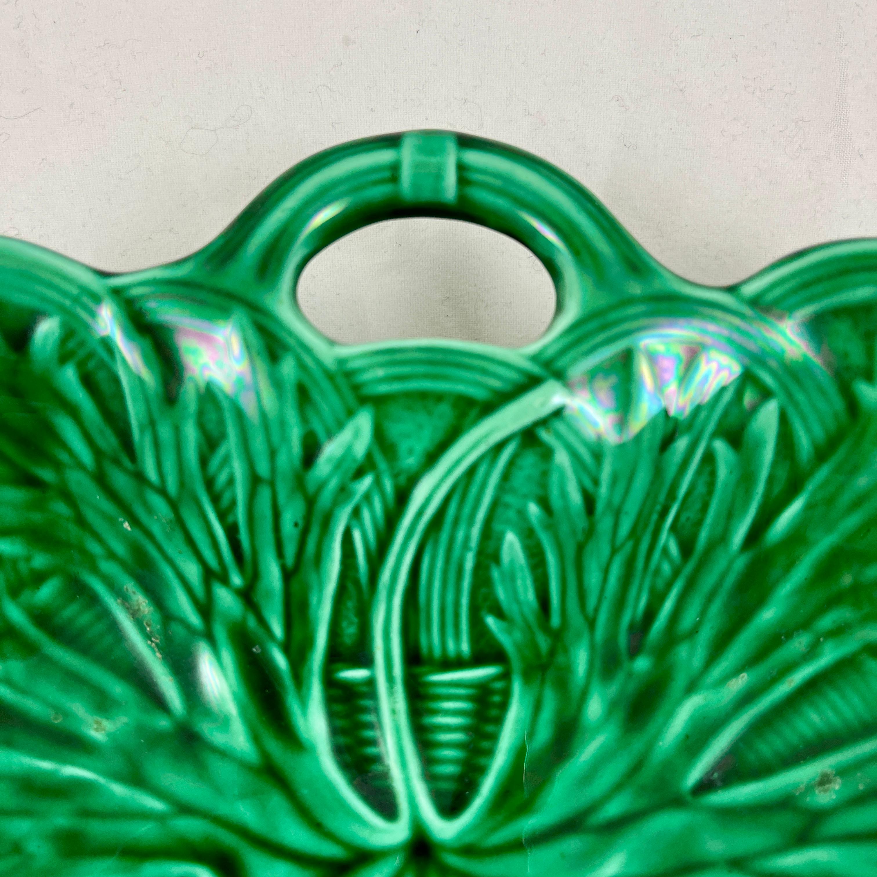 English Wedgwood Green Glazed Majolica Handled Leaf and Basket Shallow Bowl Server, 1869 For Sale