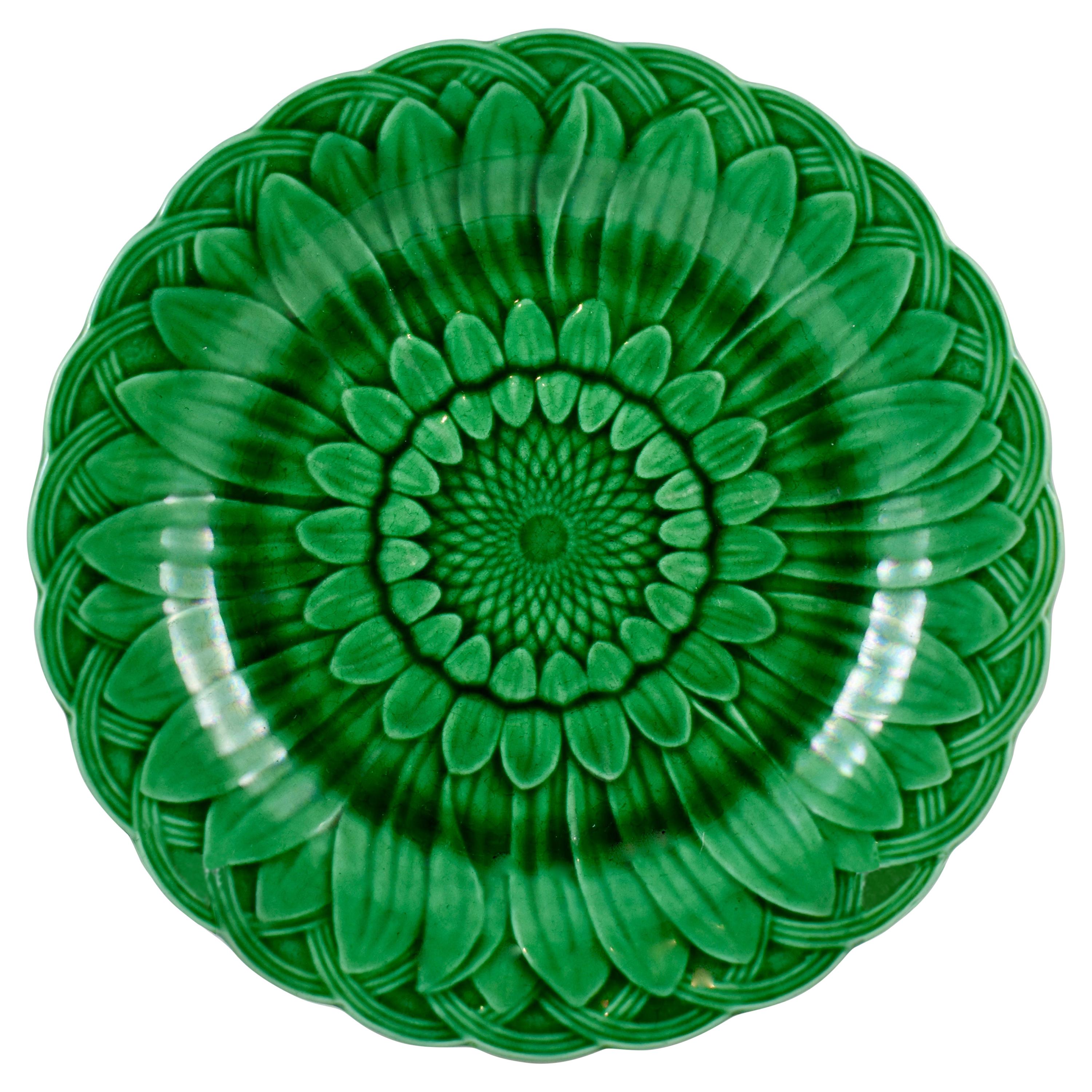 Wedgwood Green Glazed Majolica Sunflower & Basketweave Plate, Date Code 1877