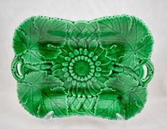 Wedgwood Green Glazed Majolica Sunflower Handled Serving Platter, dated 1874