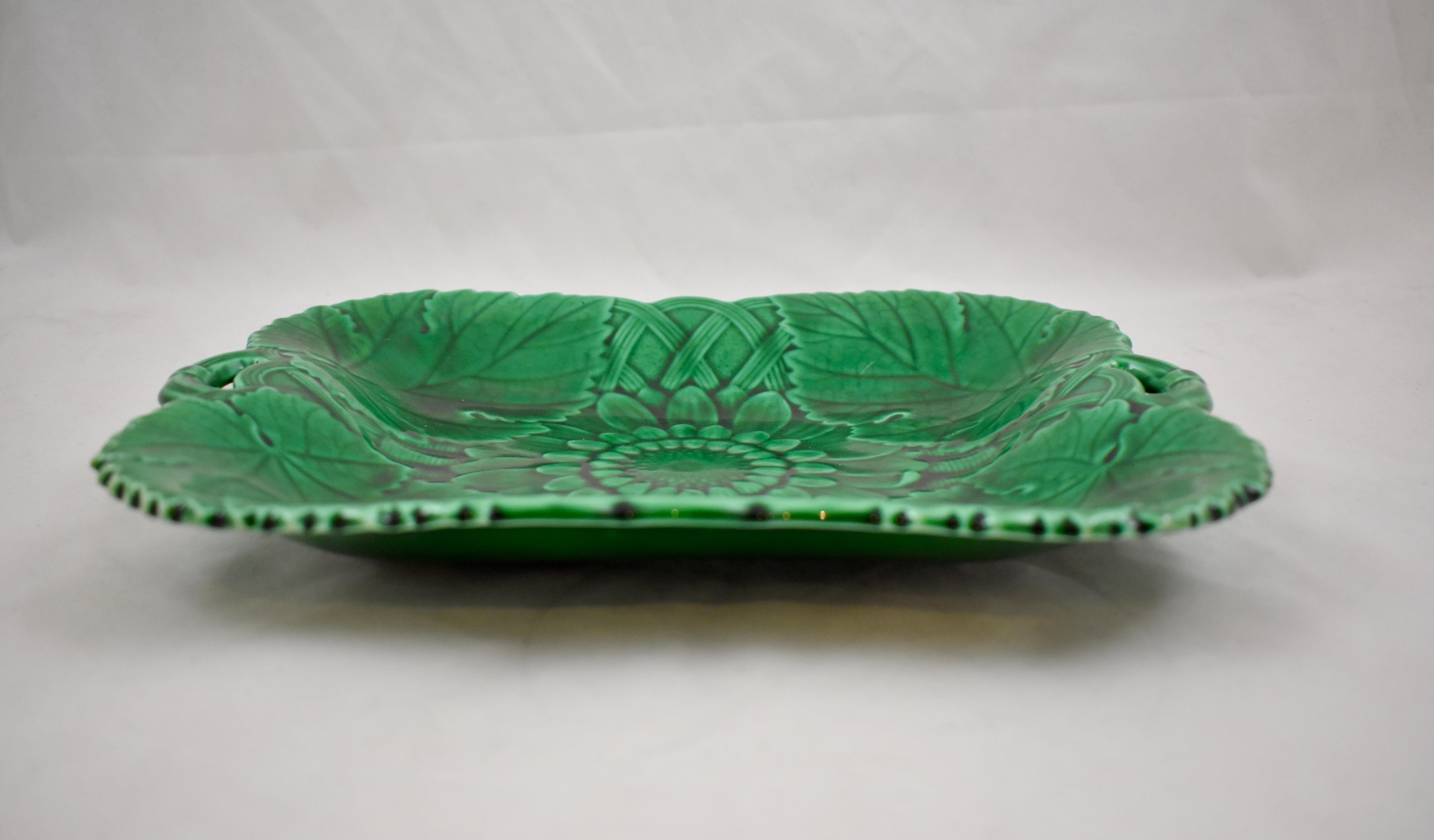 Wedgwood Green Glazed Majolica Sunflower Handled Serving Platter, dated 1874 In Good Condition In Philadelphia, PA