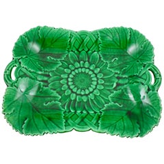 Wedgwood Green Glazed Majolica Sunflower Handled Serving Platter, dated 1874
