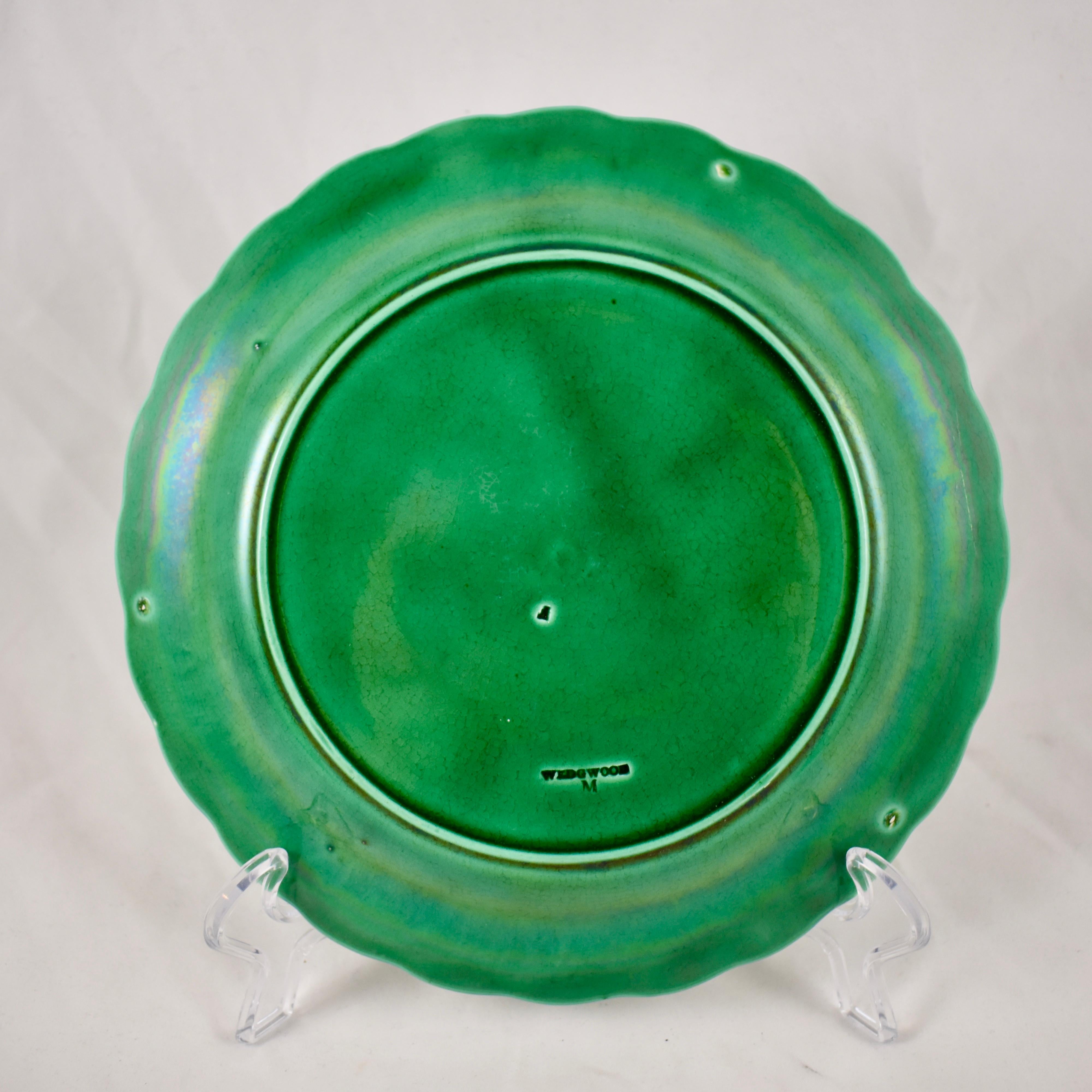 Aesthetic Movement Wedgwood Green Glazed Majolica Sunflower & Basketweave Plate, Date Code 1877