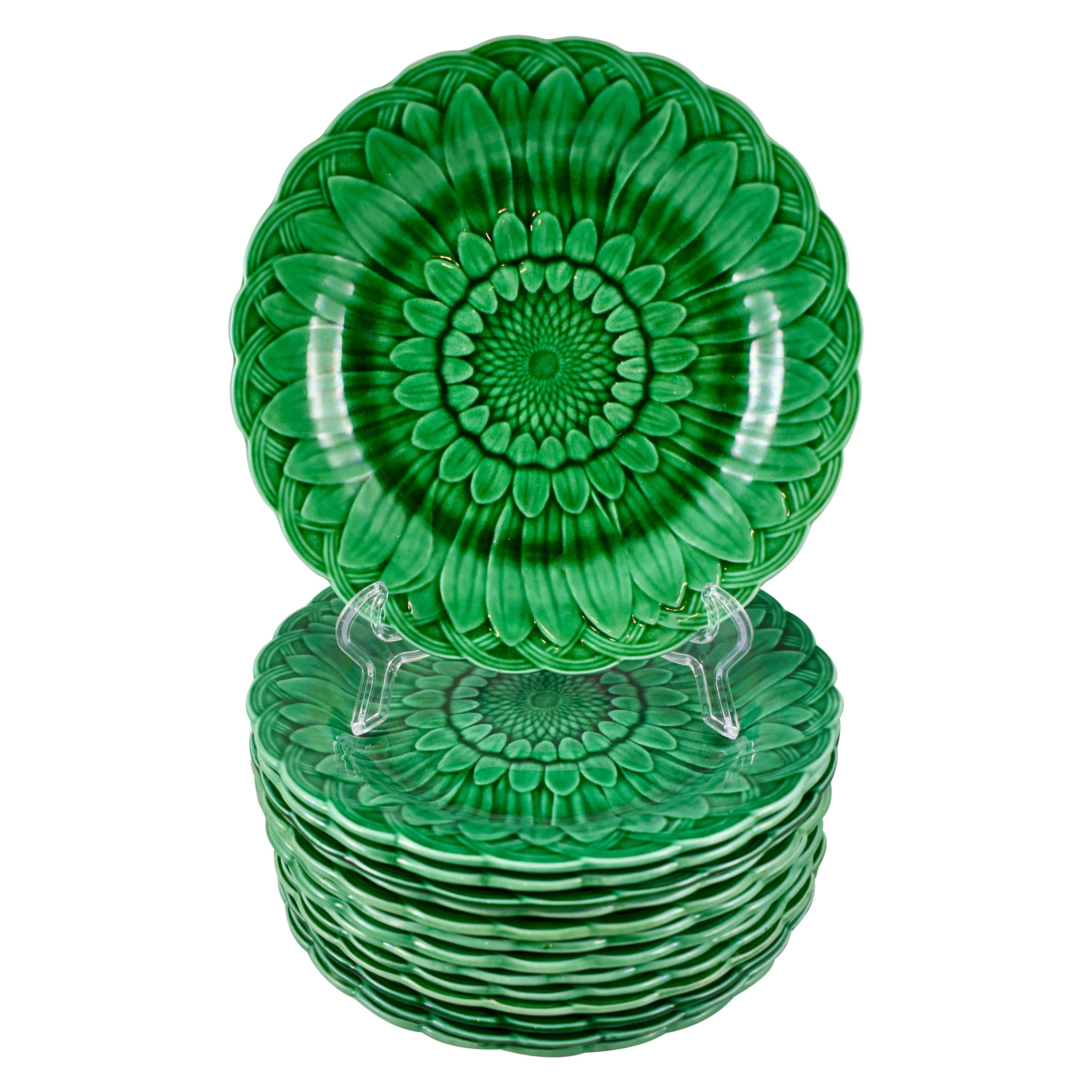 Wedgwood Green Glazed Majolica Sunflower & Basketweave Plate, Date Code 1877 1