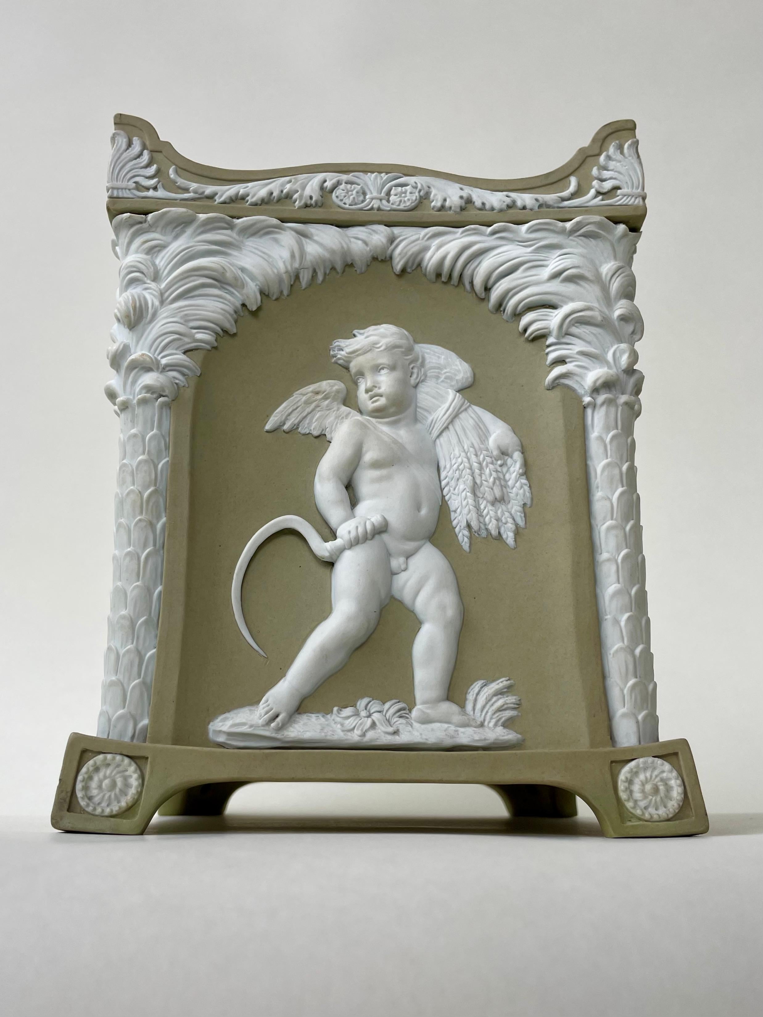 18th Century Wedgwood Solid Green Jasper Stoneware Bough Pot, Cupid as Seasons For Sale 4