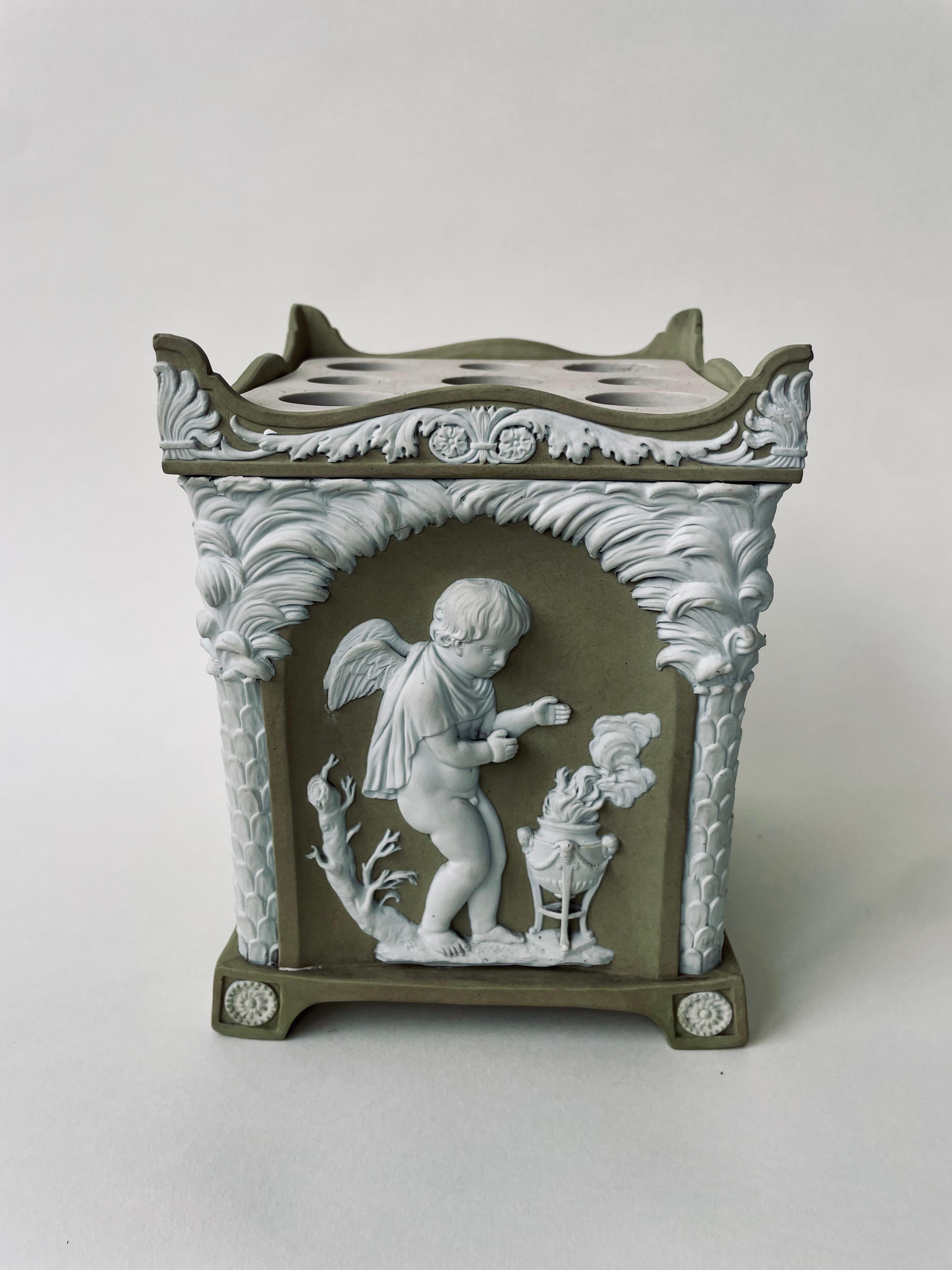 18th Century Wedgwood Solid Green Jasper Stoneware Bough Pot, Cupid as Seasons For Sale 6
