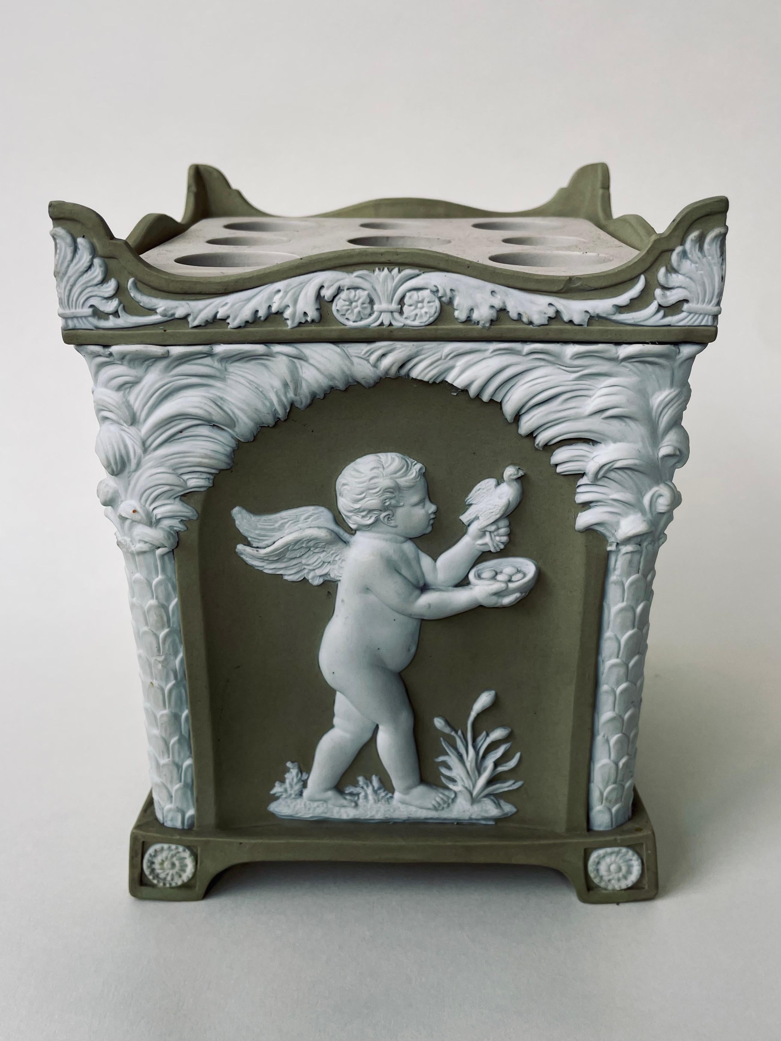 English 18th Century Wedgwood Solid Green Jasper Stoneware Bough Pot, Cupid as Seasons For Sale