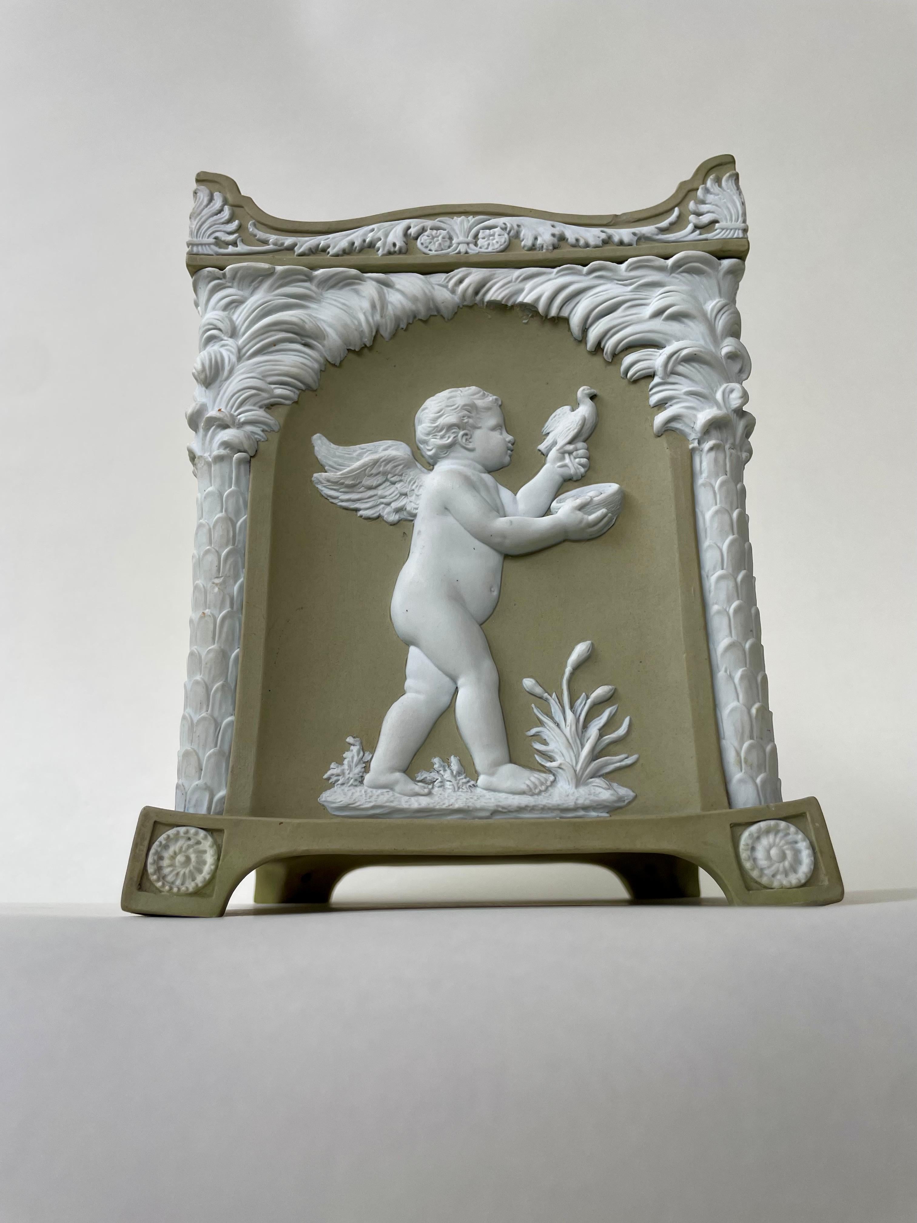 Hand-Crafted 18th Century Wedgwood Solid Green Jasper Stoneware Bough Pot, Cupid as Seasons For Sale