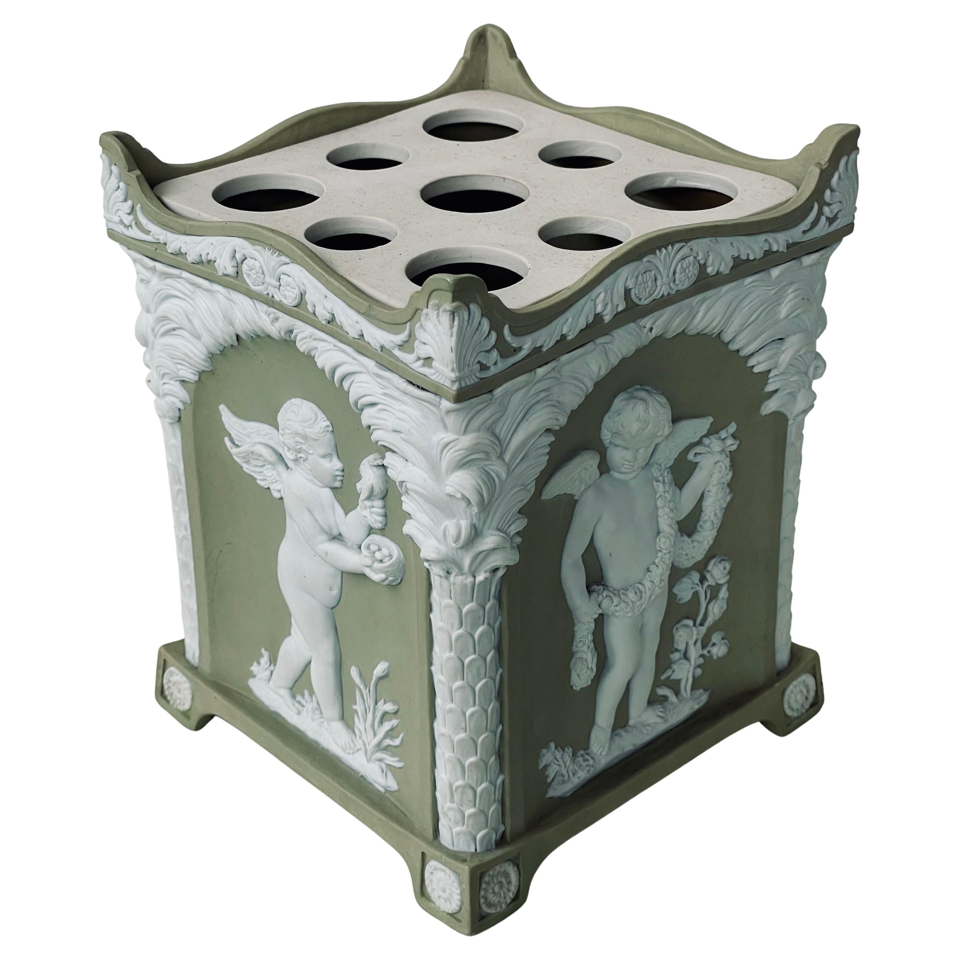 18th Century Wedgwood Solid Green Jasper Stoneware Bough Pot, Cupid as Seasons For Sale