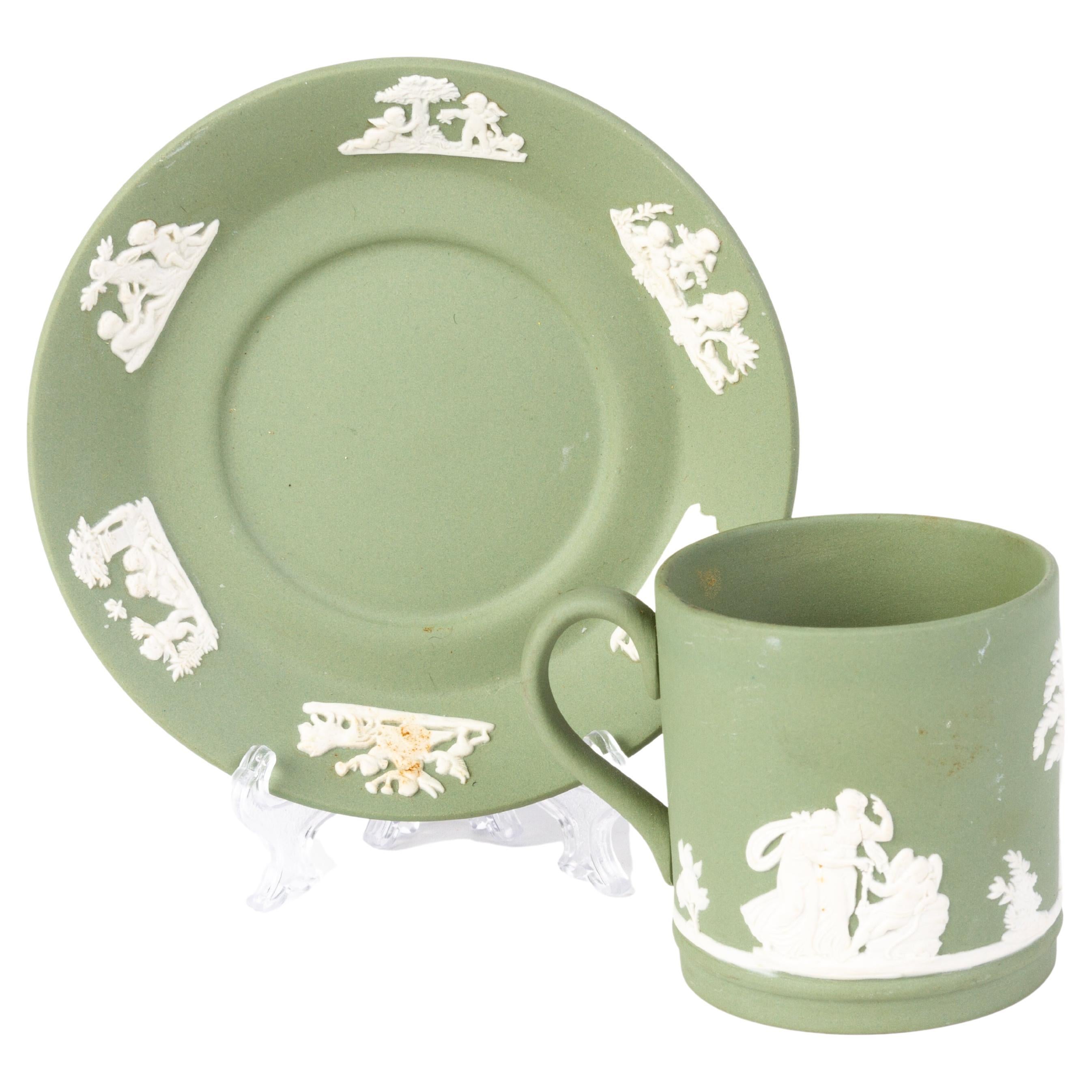 Wedgwood Green Jasperware Neoclassical Cameo Cup & Saucer For Sale