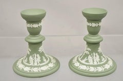 Wedgwood Green Jasperware White Cameo 5" Single Candlestick Holder - a Pair