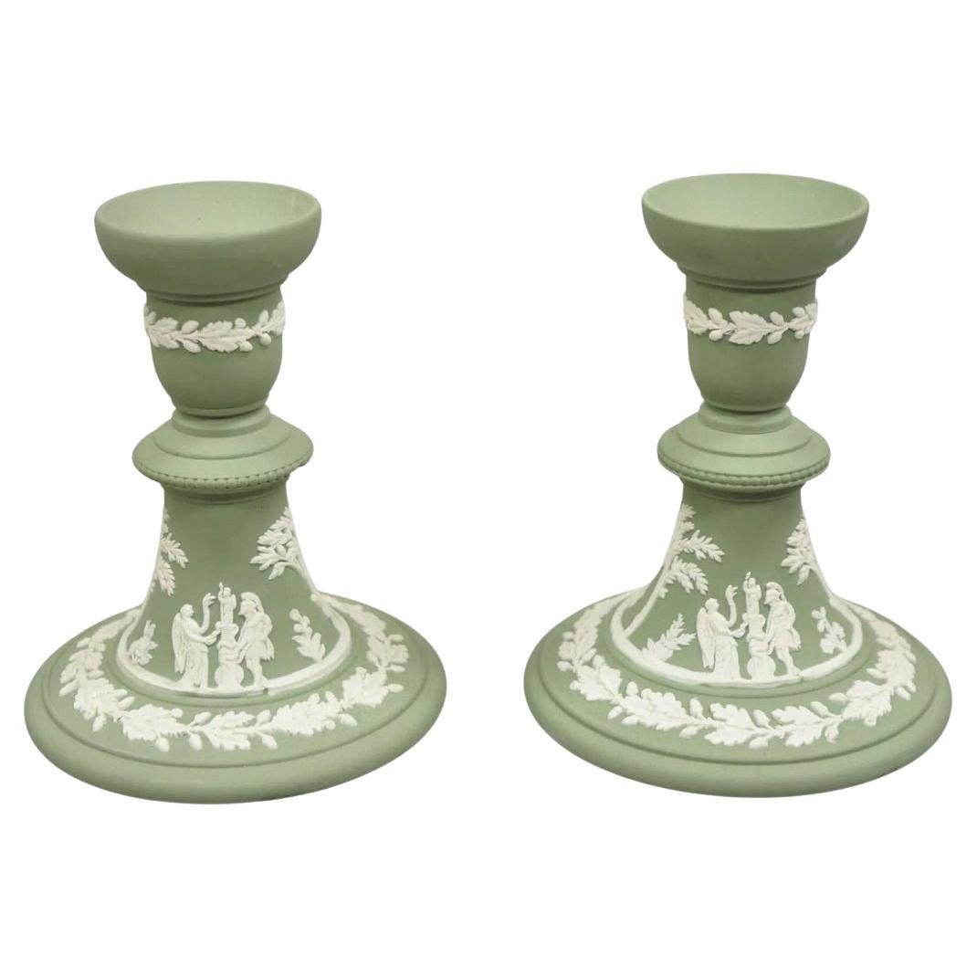 Wedgwood Green Jasperware White Cameo 5" Single Candlestick Holder - a Pair