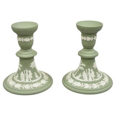 Wedgwood Green Jasperware White Cameo 5" Single Candlestick Holder - a Pair