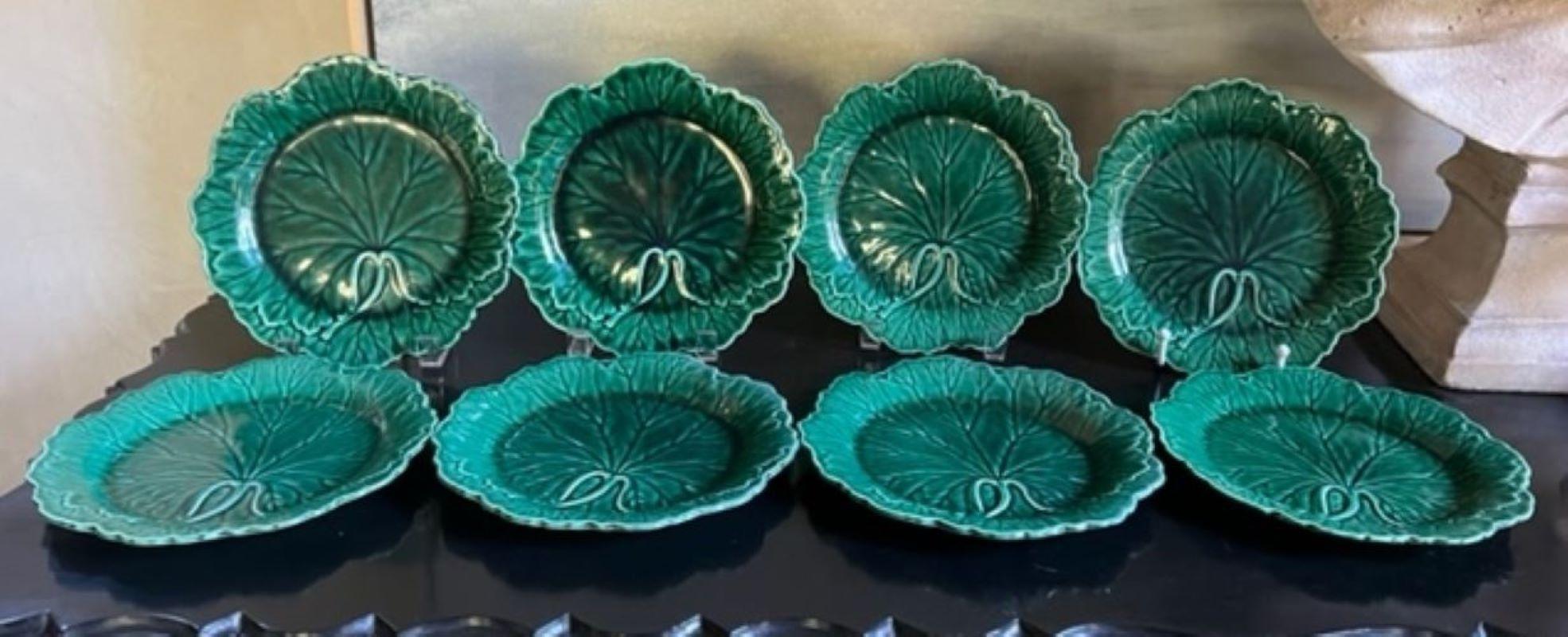 Hollywood Regency Wedgwood Green Majolica Leaf Plates, Set of 8