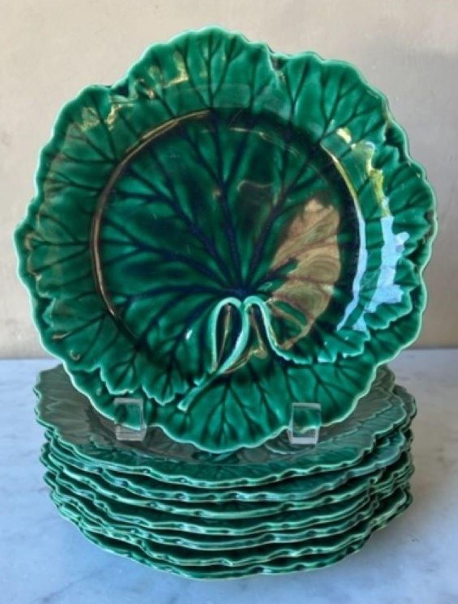 English Wedgwood Green Majolica Leaf Plates, Set of 8