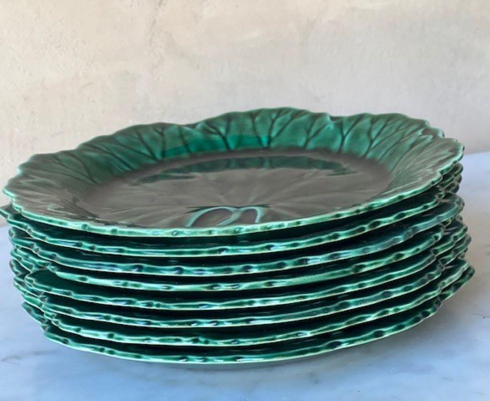 Ceramic Wedgwood Green Majolica Leaf Plates, Set of 8