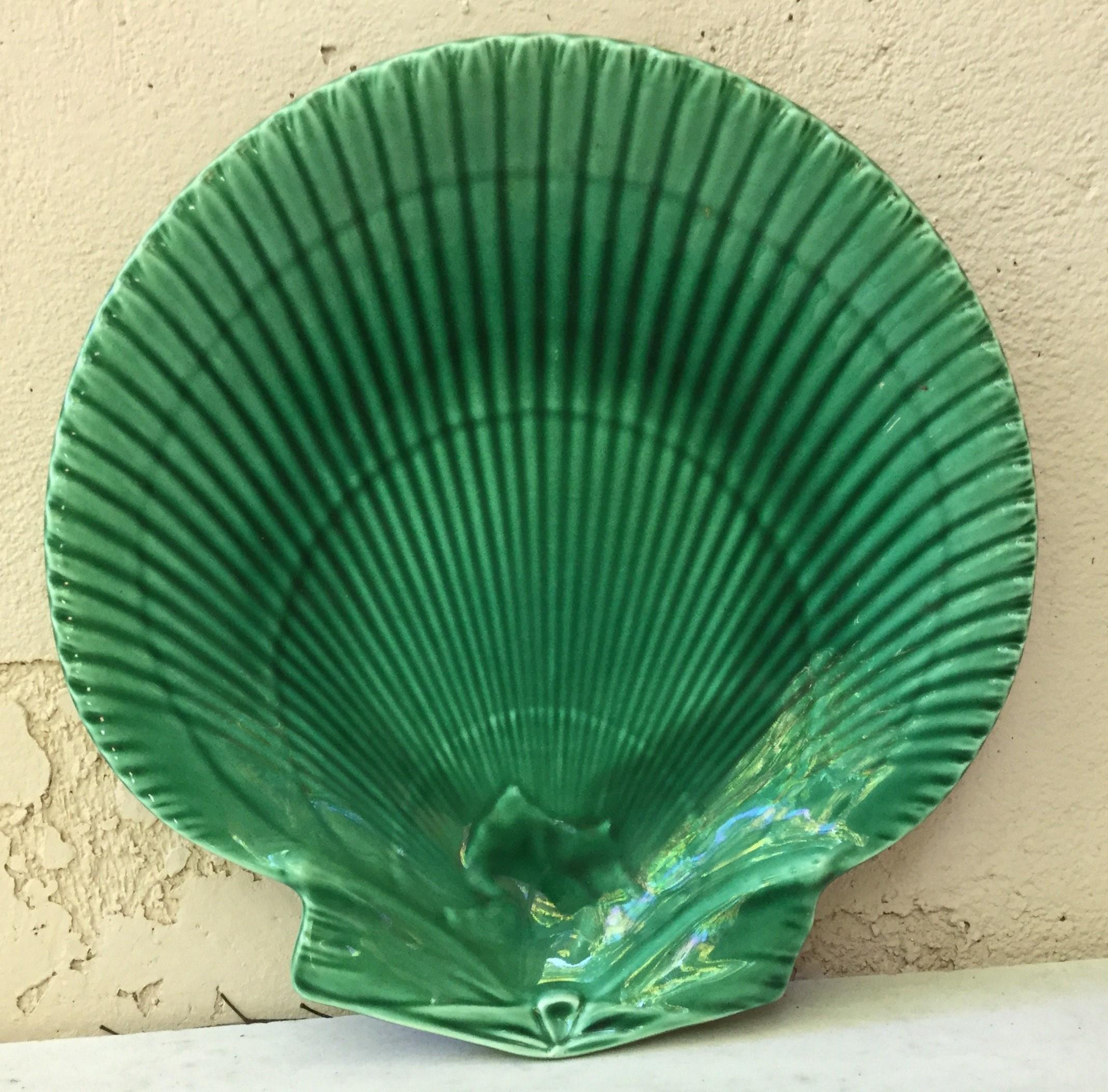 English green Majolica shell plate signed 