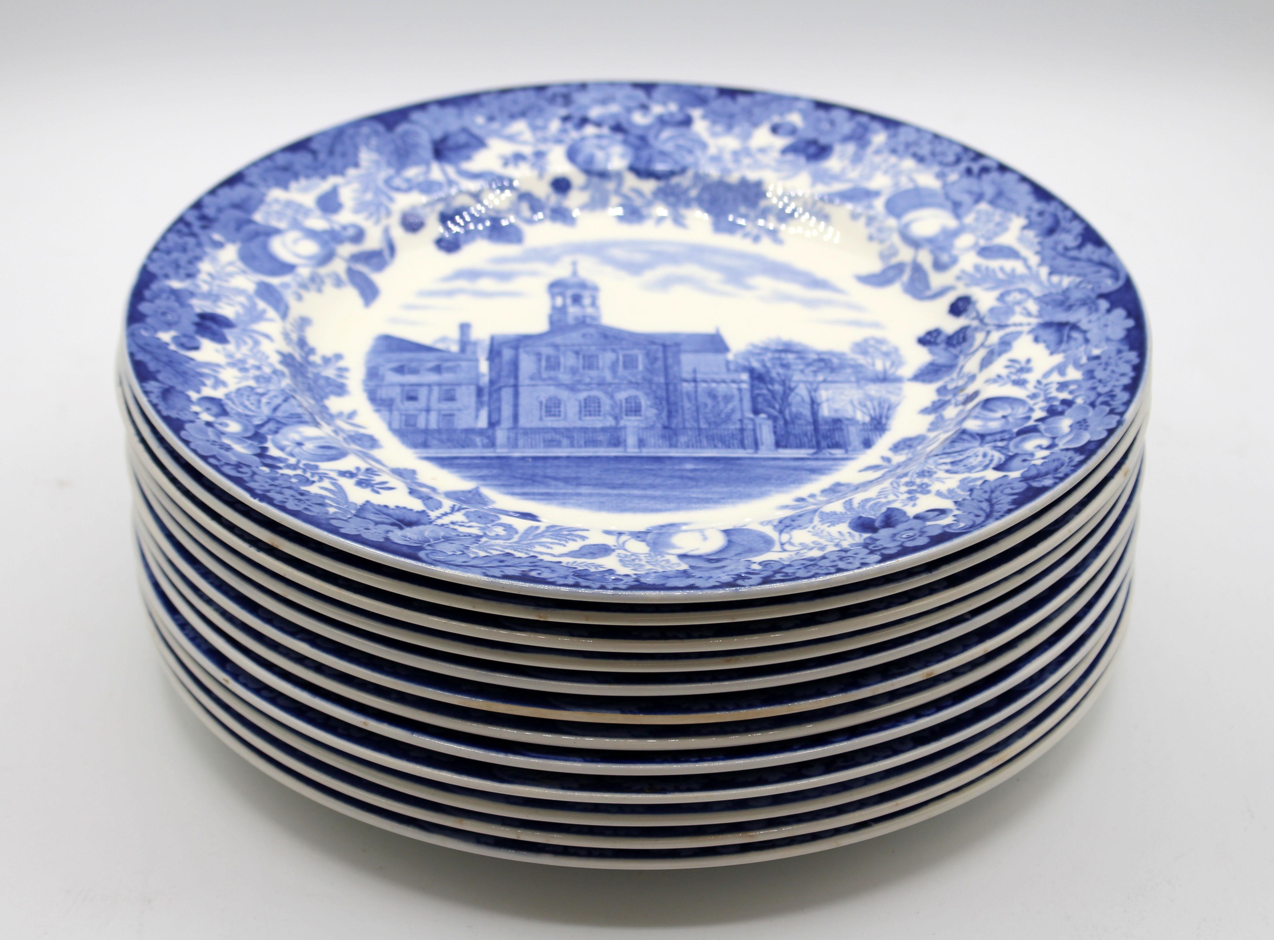 A set of 12 Harvard University commemorative plates, 1927 by Wedgwood, impressed date marks 4NB and 40B. Strong blue on cream white transfer printed. Includes: Holden Chapel, Freshman Hall view, University Hall, Harvard Hall, Business School