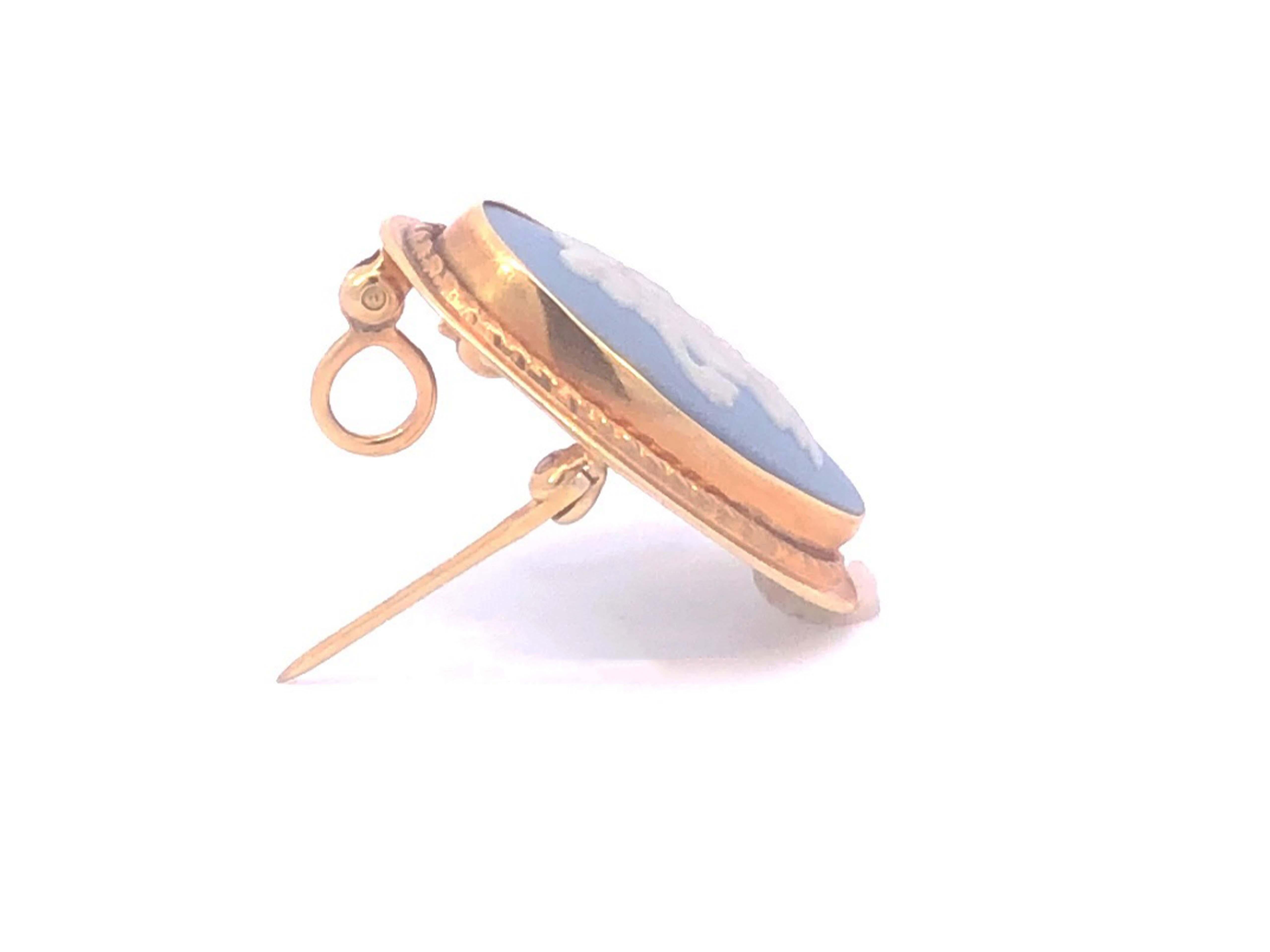 Wedgwood Jasper Wear Blue Oval Earrings & Pendant Brooch Set in 14K Yellow Gold For Sale 2