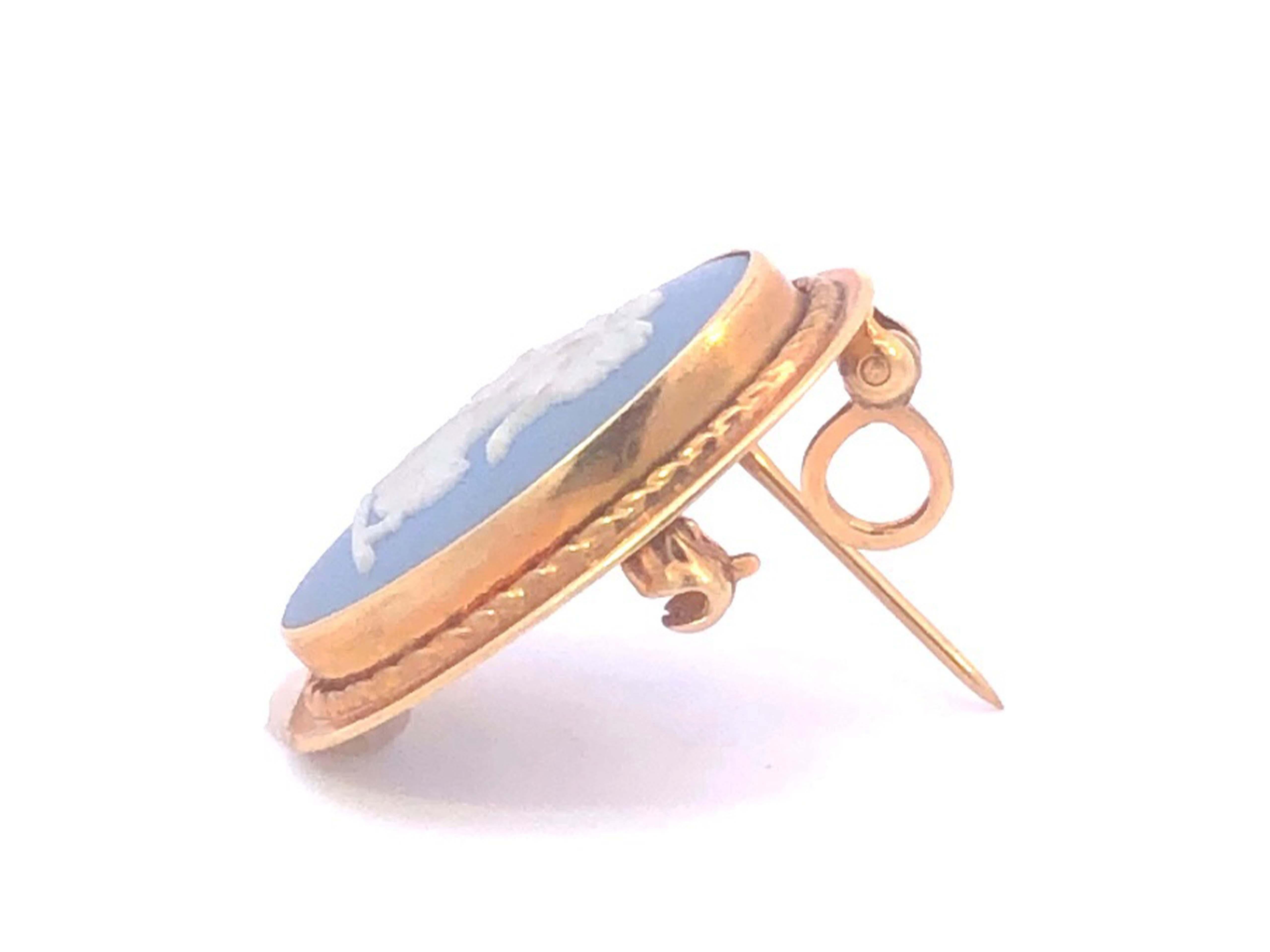 Wedgwood Jasper Wear Blue Oval Earrings & Pendant Brooch Set in 14K Yellow Gold For Sale 3