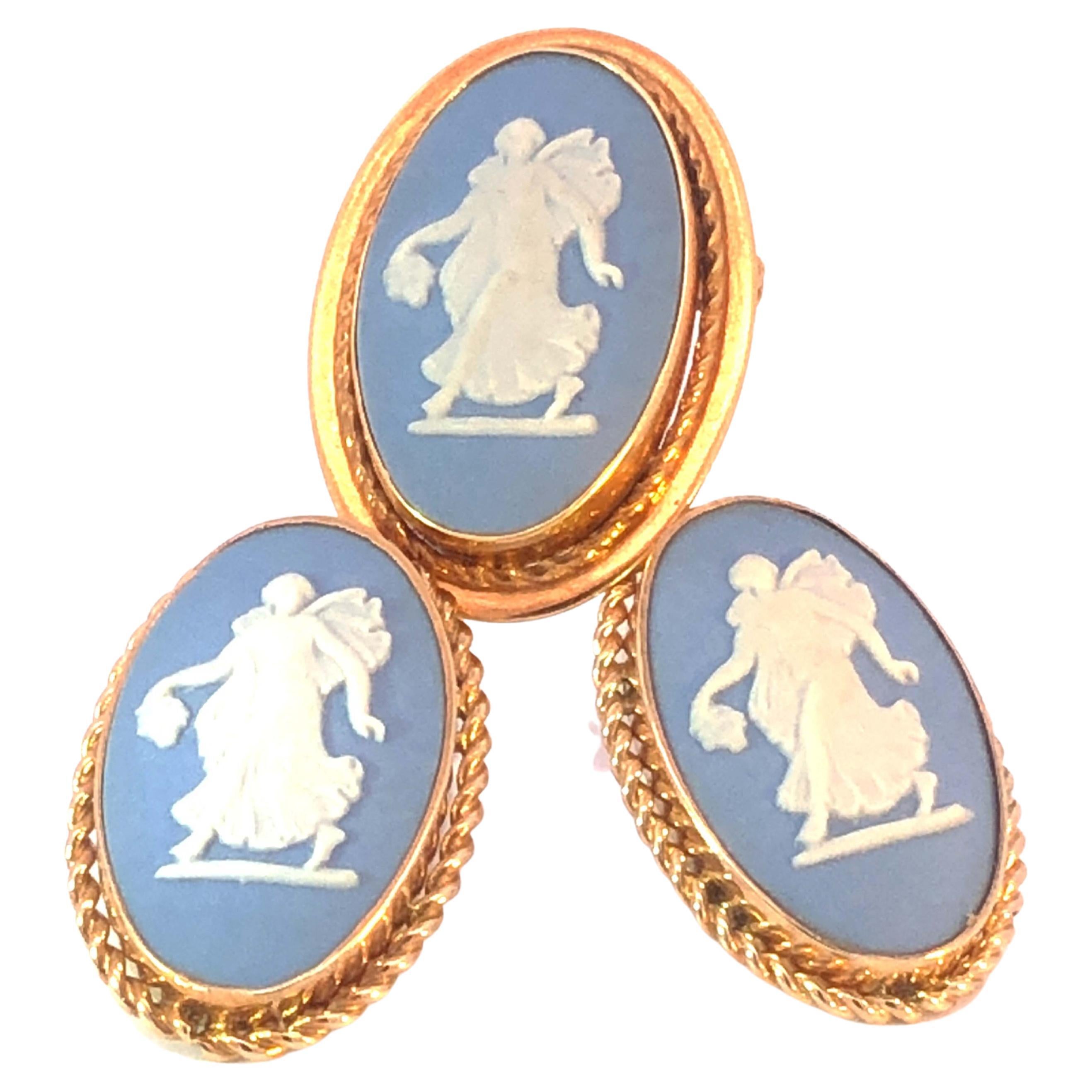 Wedgwood Jasper Wear Blue Oval Earrings & Pendant Brooch Set in 14K Yellow Gold For Sale