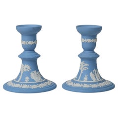 Wedgwood Jasperware Candlesticks, Neoclassical Blue & White, 1960