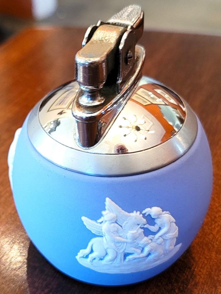 English Wedgwood Jasperware Pale Blue Art Deco Ronson Desk Lighter For Sale