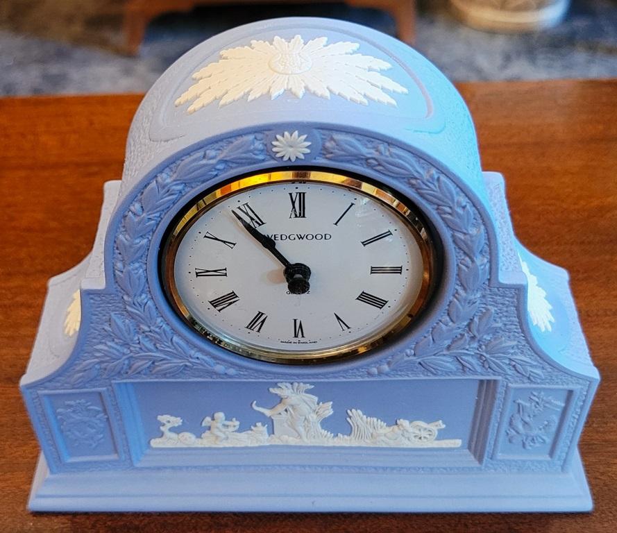 PRESENTING A LOVELY Wedgwood Jasperware Pale Blue Mantel Clock.

Made by Wedgwood in England, circa 1970-80 and fully and properly marked/stamped on base.

Marked: “Wedgwood, Made in England …. “C” … “7”.

5.5 inches tall clock, 6.65 inches wide and