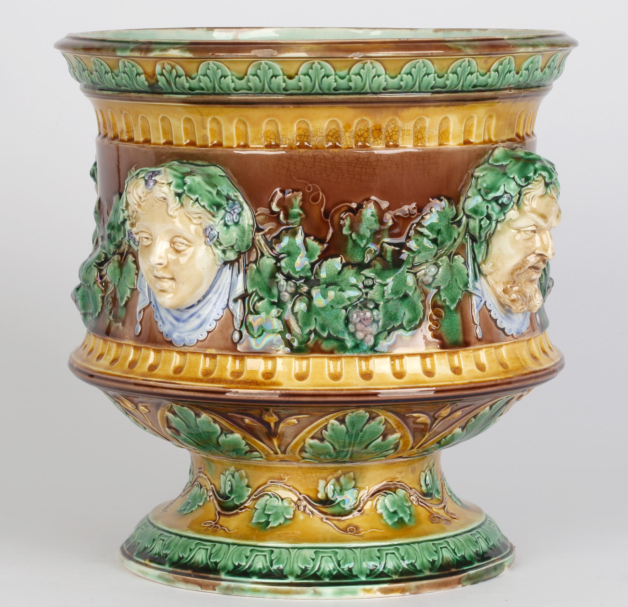 Wedgwood Large and Impressive Majolica Jardiniere with Masks and Trailing Vines In Good Condition For Sale In Bishop's Stortford, Hertfordshire