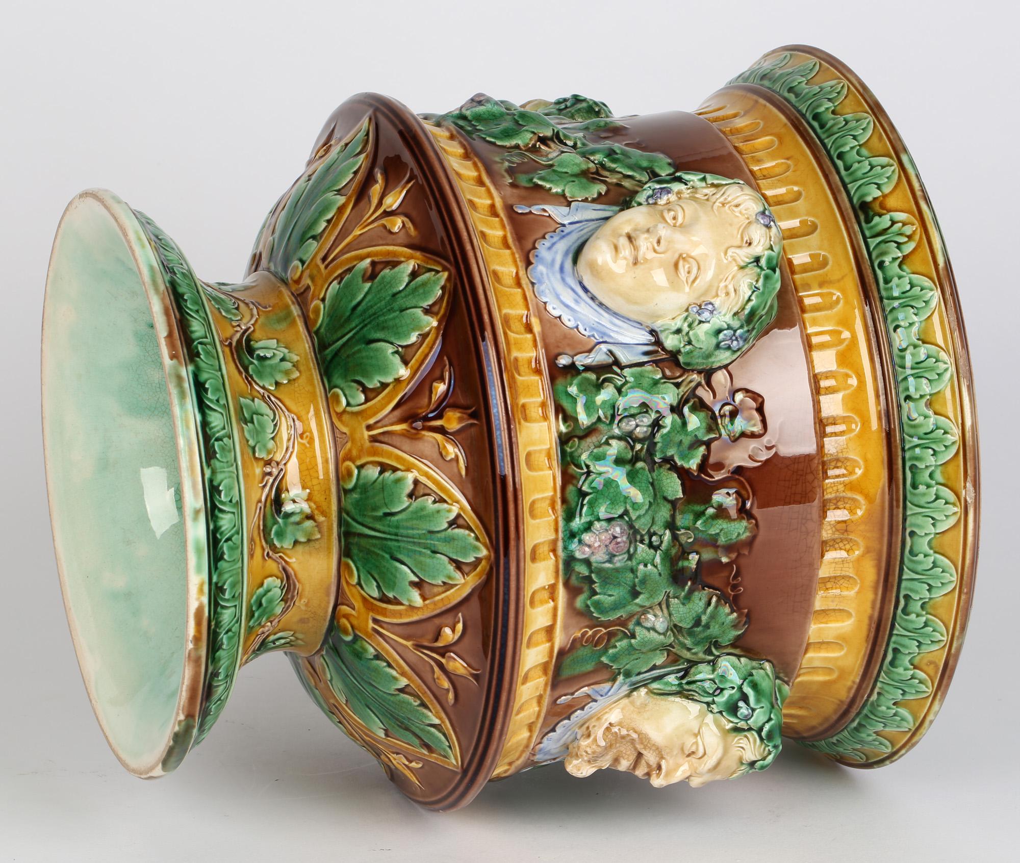Pottery Wedgwood Large and Impressive Majolica Jardiniere with Masks and Trailing Vines For Sale