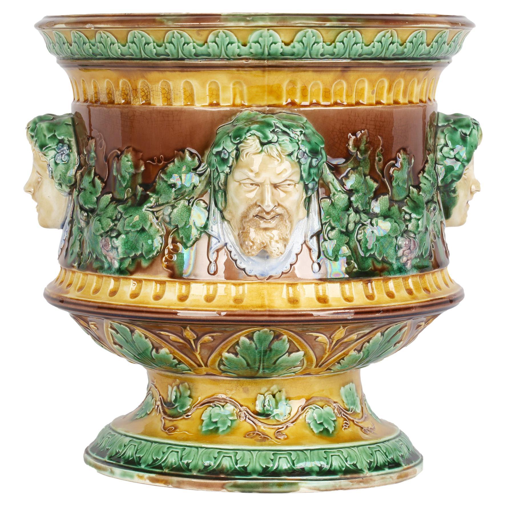 Wedgwood Large and Impressive Majolica Jardiniere with Masks and Trailing Vines For Sale