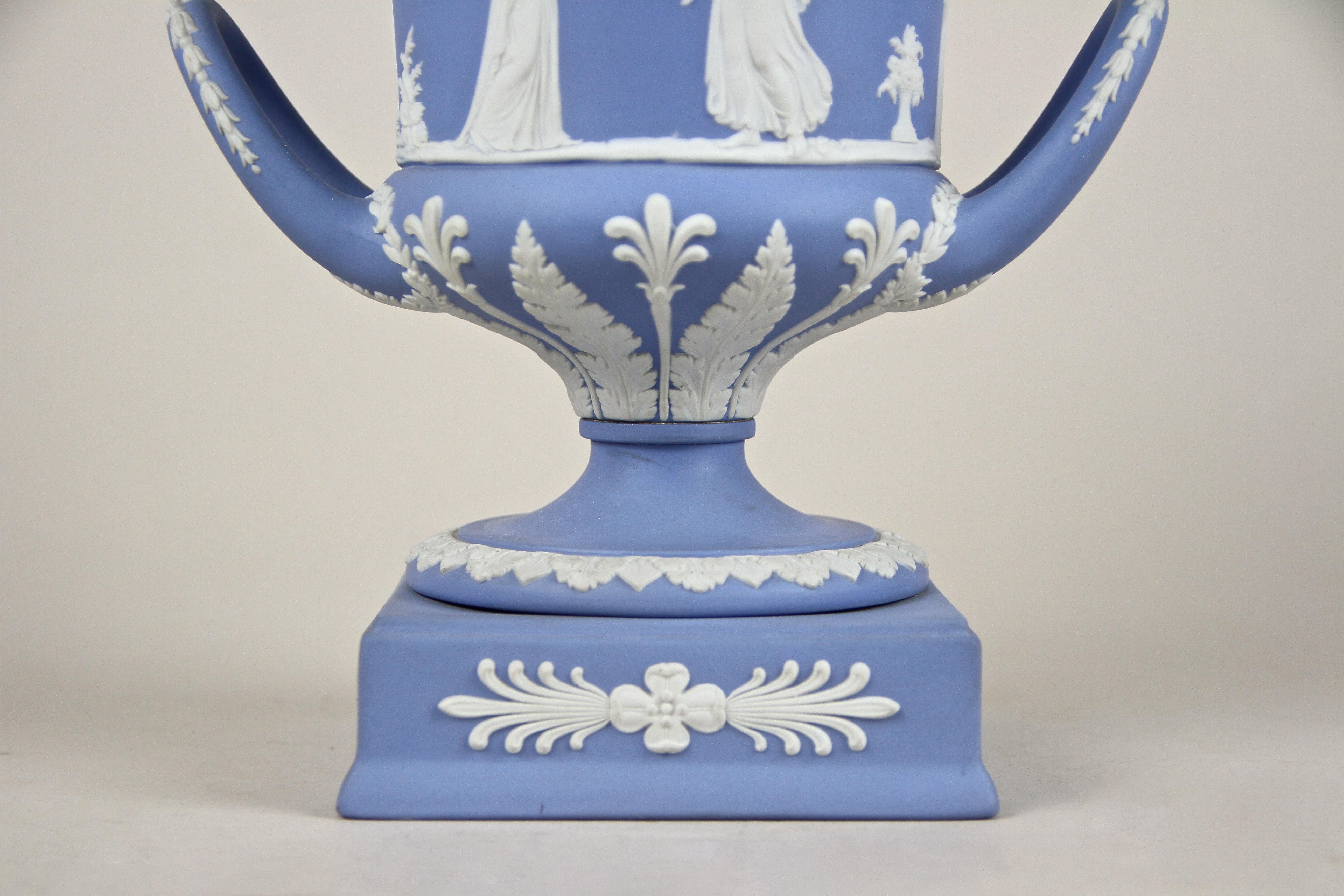 English Wedgwood Lidded Urn Vase Pale Blue Jasperware, England, circa 1910