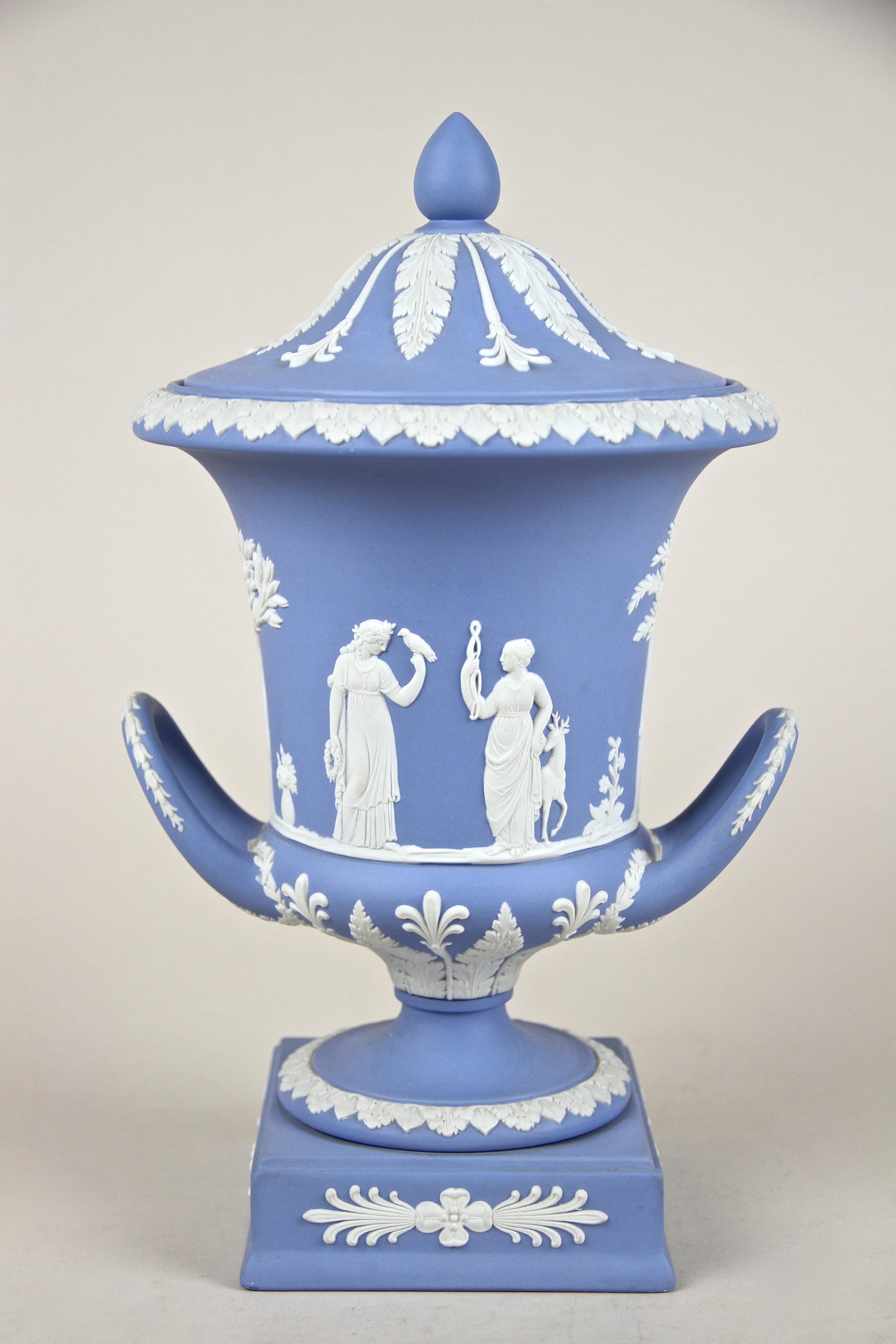 20th Century Wedgwood Lidded Urn Vase Pale Blue Jasperware, England, circa 1910