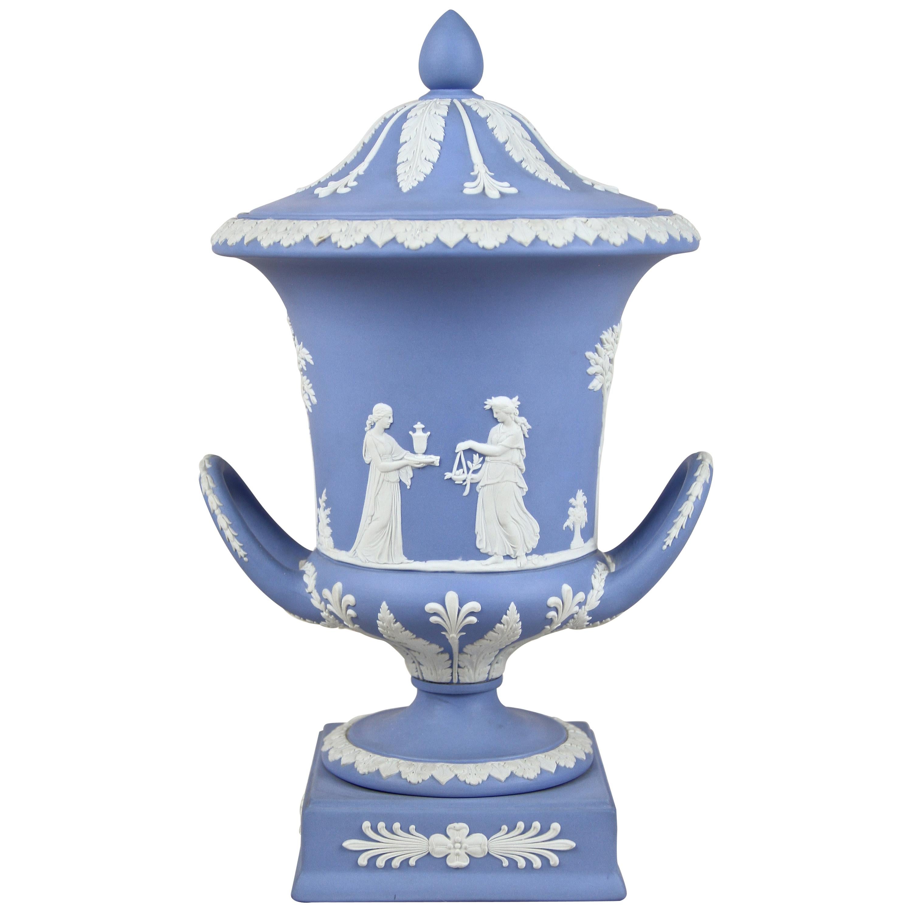 Wedgwood Lidded Urn Vase Pale Blue Jasperware, England, circa 1910