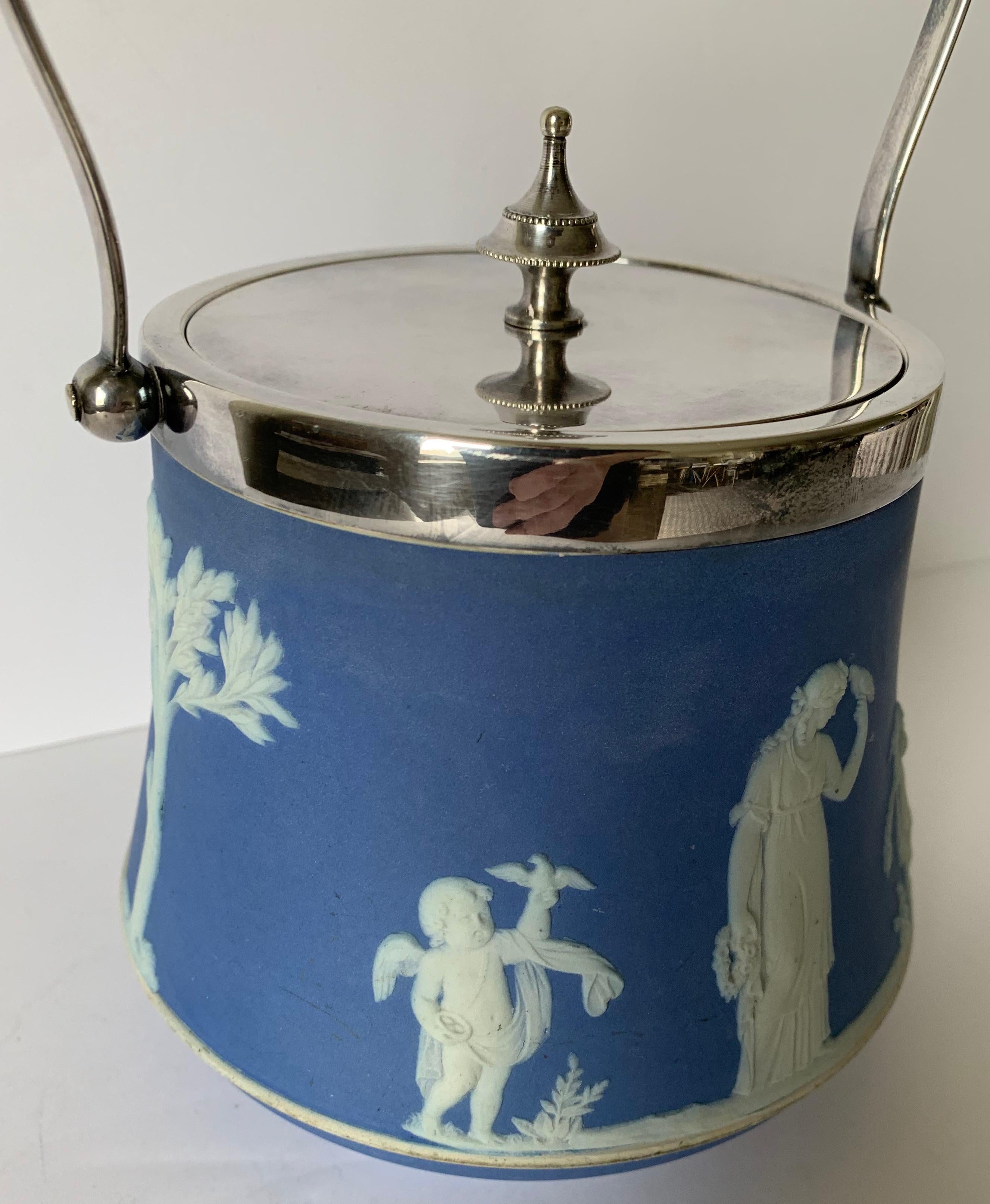 Wedgwood Light Blue Bell Shape Jasperware Biscuit Barrel In Good Condition In Stamford, CT