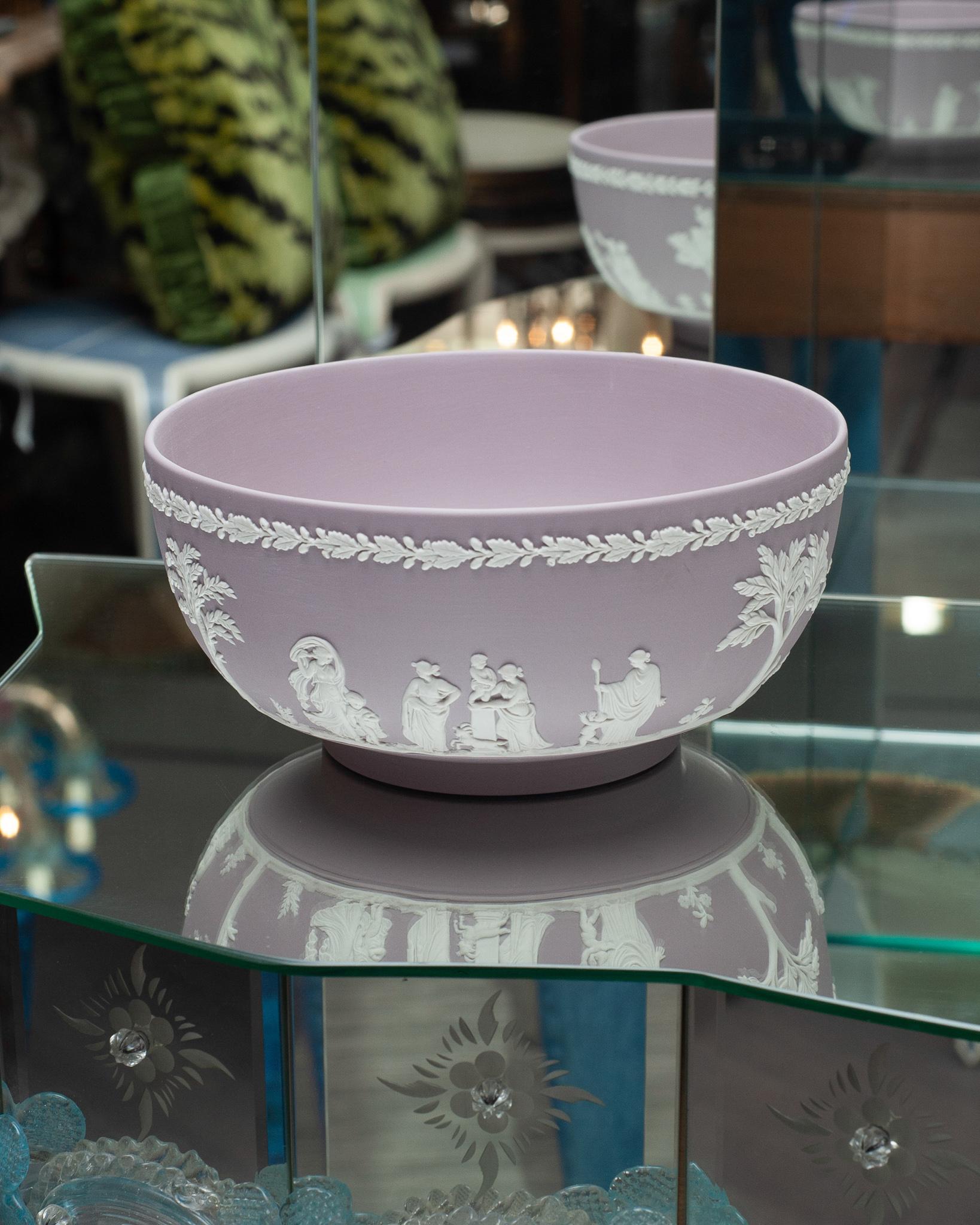 A stunning large Wedgwood lilac purple jasperware bowl with white neoclassical overlay. A rare and coveted colour of Jasperware by Wedgwood that's not often seen in this scale of item. Stamped with number 80 for 1980 production, and with Wedgwood