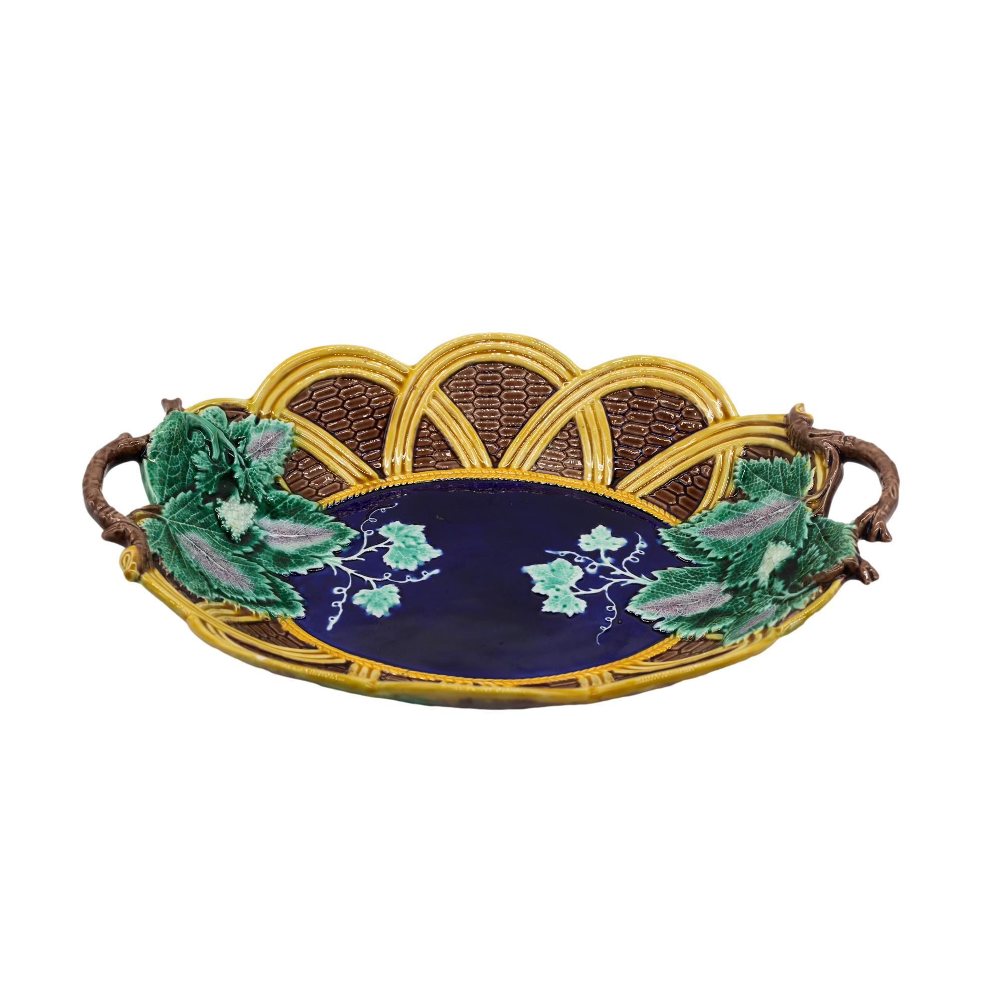 English Wedgwood Majolica Basketweave and Grape Bread Tray, Cobalt Center, Dated 1870 For Sale