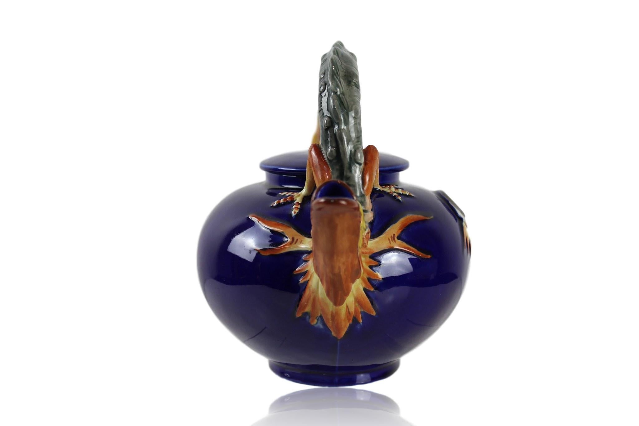 Victorian Wedgwood Majolica Dragon Teapot in Cobalt Blue by Hugues Protât, Dated 1871