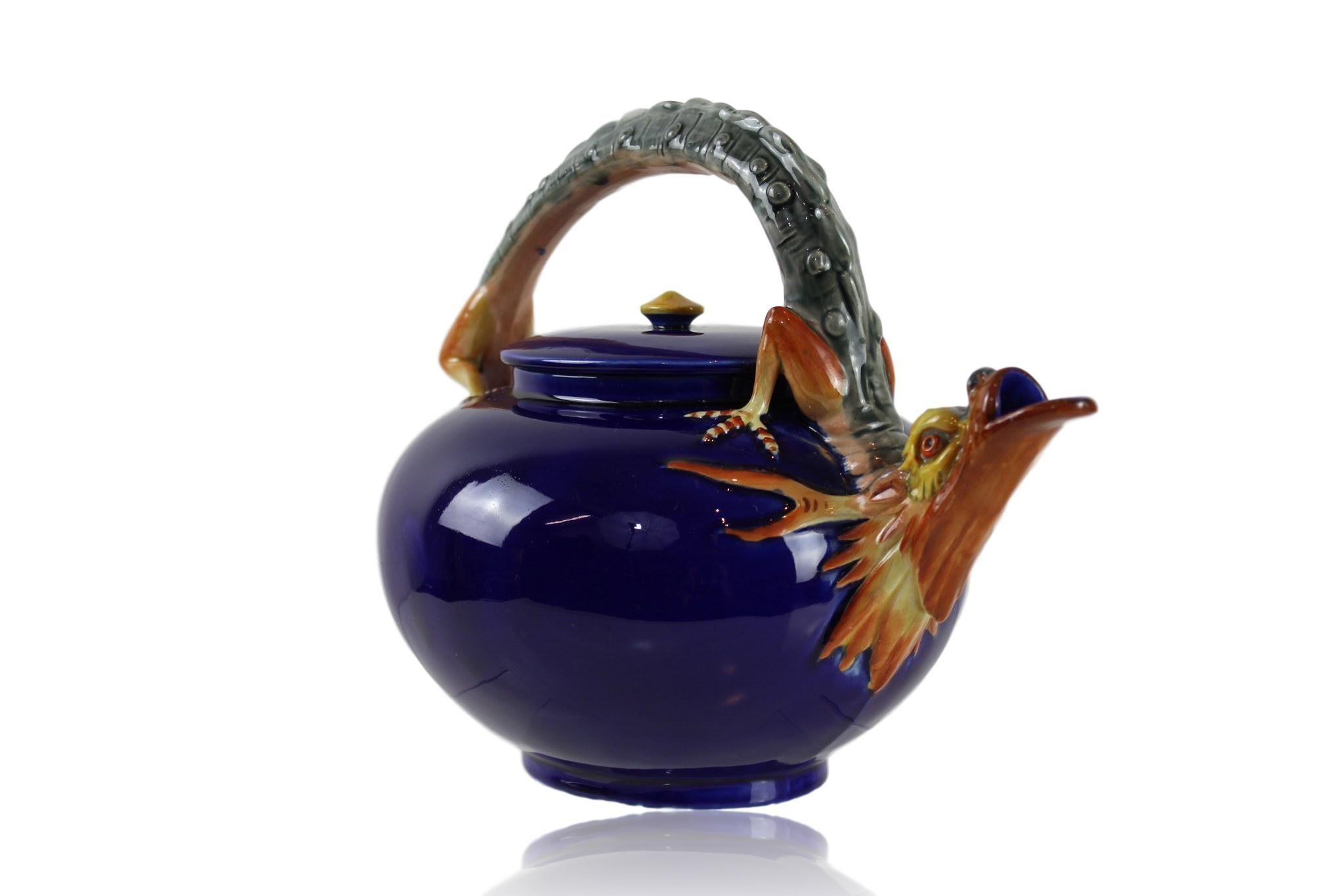 English Wedgwood Majolica Dragon Teapot in Cobalt Blue by Hugues Protât, Dated 1871