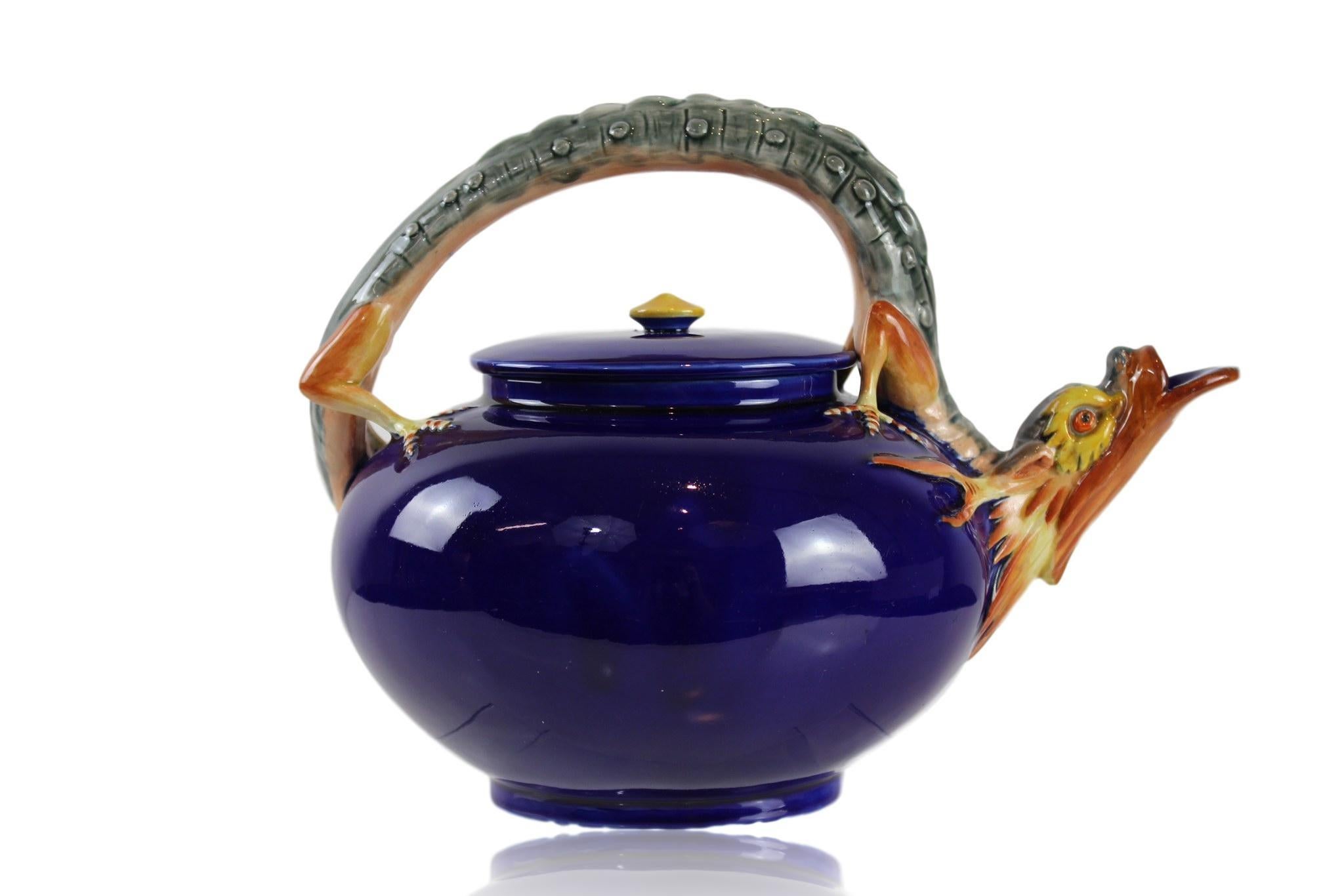 Molded Wedgwood Majolica Dragon Teapot in Cobalt Blue by Hugues Protât, Dated 1871