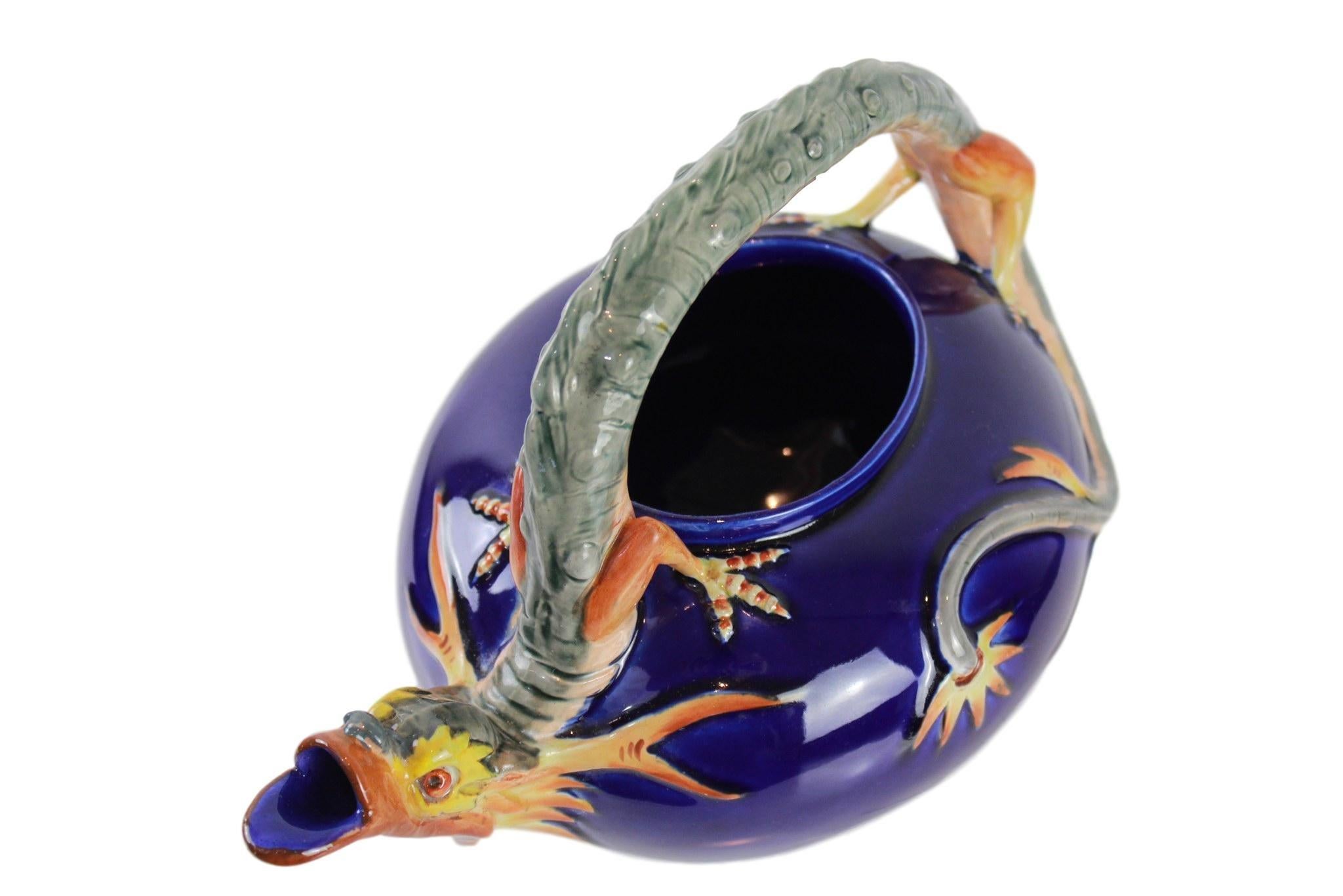 Late 19th Century Wedgwood Majolica Dragon Teapot in Cobalt Blue by Hugues Protât, Dated 1871