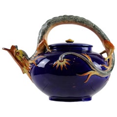 Used Wedgwood Majolica Dragon Teapot in Cobalt Blue by Hugues Protât, Dated 1871